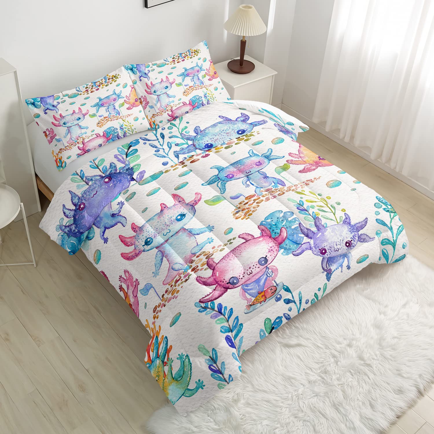 CVHOUSE Axolotl Comforter Set, Twin Size, Cartoon Axolotl Bedding Set, Kids, Multicolor, 3 Pieces
