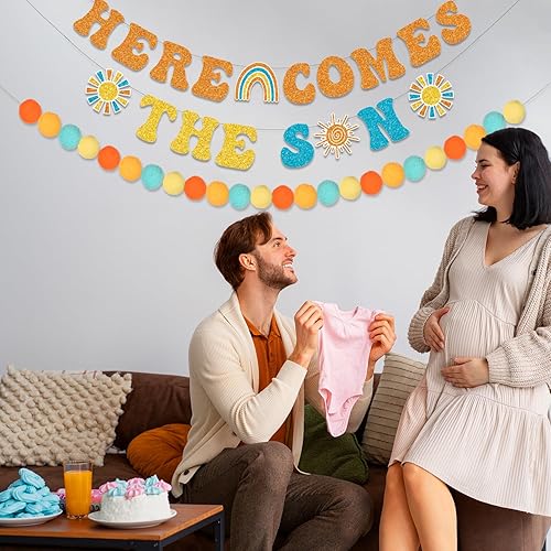 Miniatura 5 de LARRAZABAL Cartel para baby shower con texto en inglés Here Comes The Son, Here Comes the Son, decoración de baby shower para niño, estilo bohemio,
