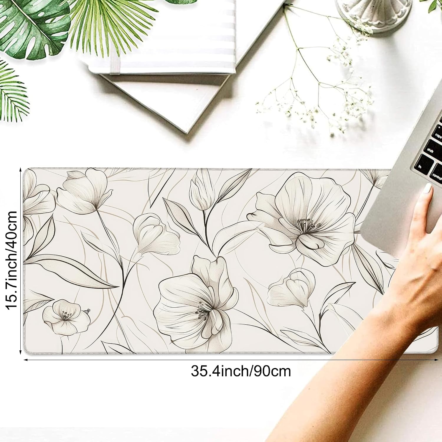 Desk Pad, Boho Minimalist Flowers XXL Gaming Mouse Pad with Stitched Edges,Non-Slip Waterproof Rubber Base Large Desk Mat for Keyboard and Mouse 35.4"x15.7" image 2