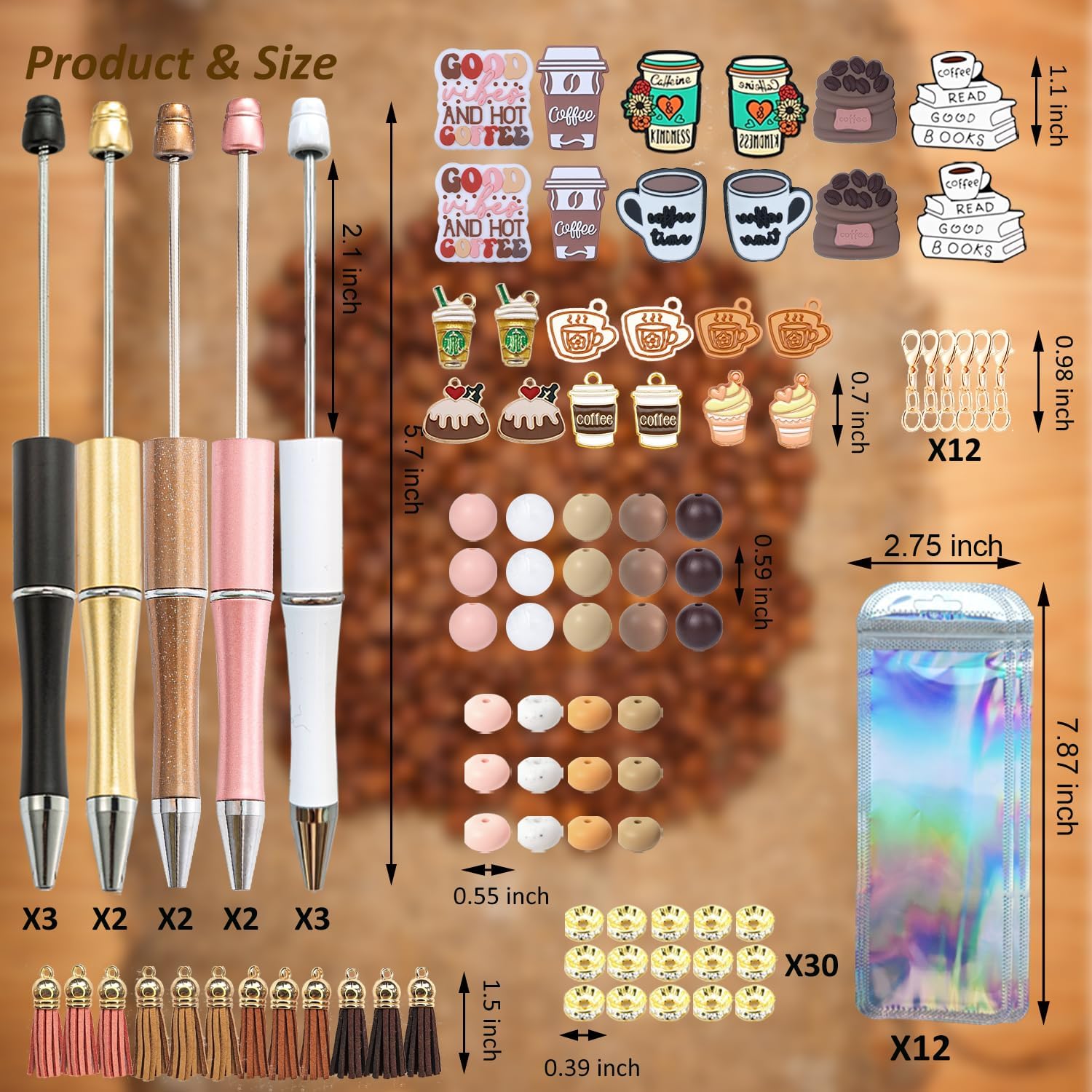 DIY Beaded Ballpoint Pen Making Kit with Silicone Focal Beads Spacer Beads Assorted Spacer Packaging Bags Office School Present (Coffee Style)