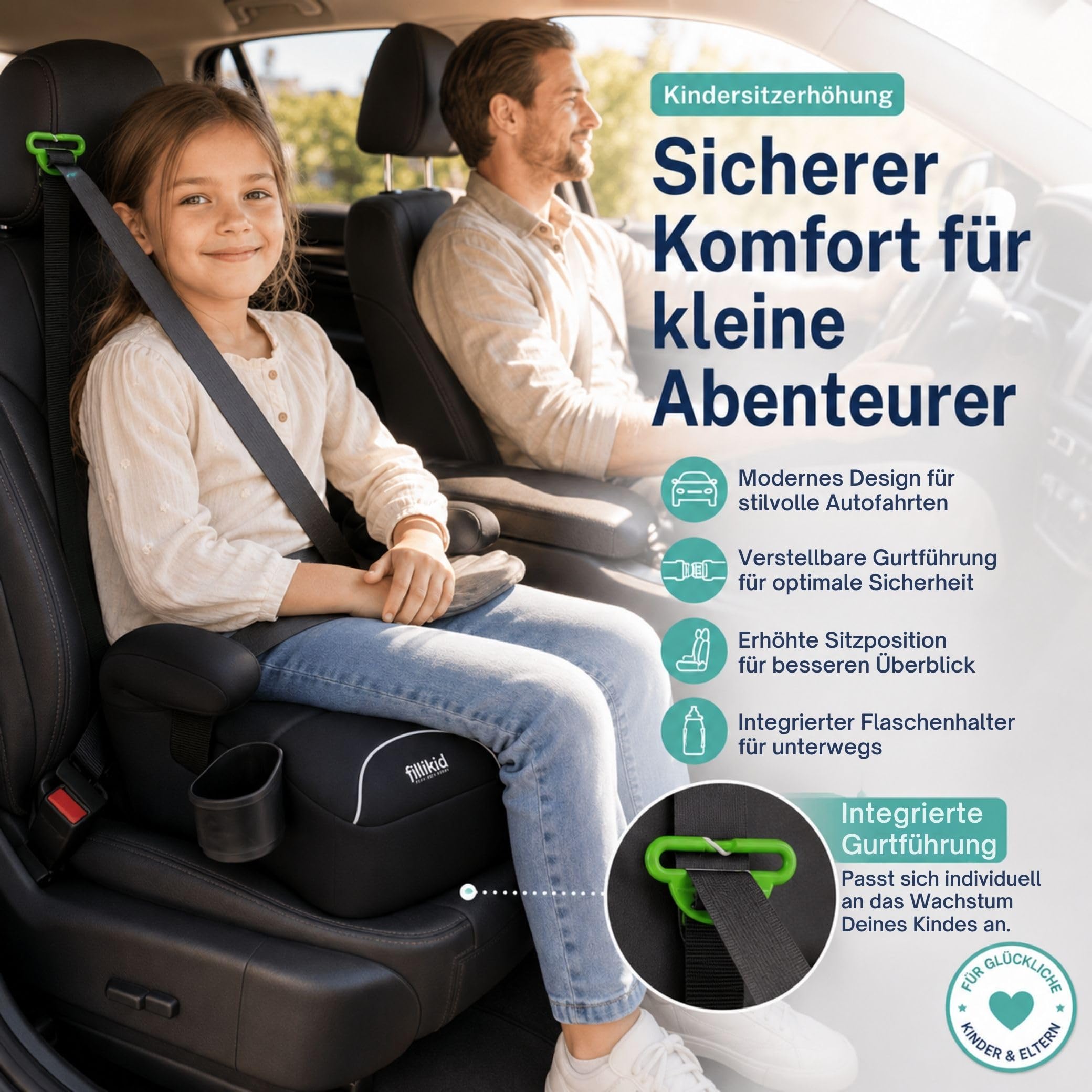 Fillikid Kindersitzerhöhung ohne Isofix, Reboarder | Für Kinder 6-12 Jahre, 125-150cm (ca. 22-36kg)