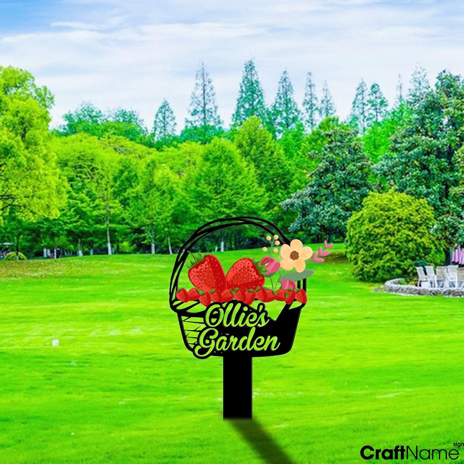 Personalized Flower Garden Sign with Stake for The Great Outdoors, Custom Metal Plaque Stake Yard Signs with Stakes, Welcome Sign for Front Door (Strawberry)