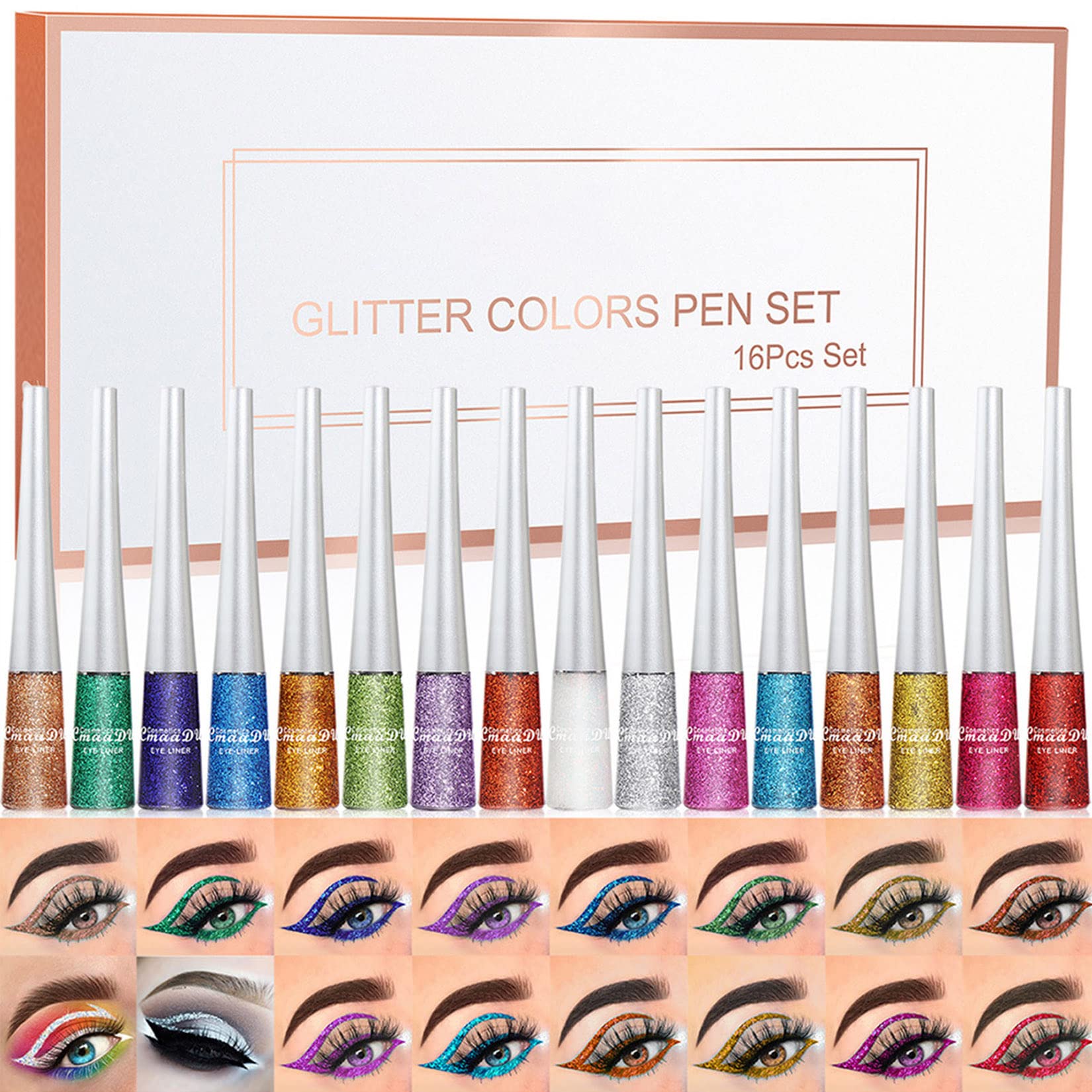Eyeliner Colores, MKNZOME 16 Colores Glitter Eyeliner Waterproof Delineador de Ojos Liquida Sombras de Ojos Brillantes Maquillaje Mujer Cosplay Banquete Boda