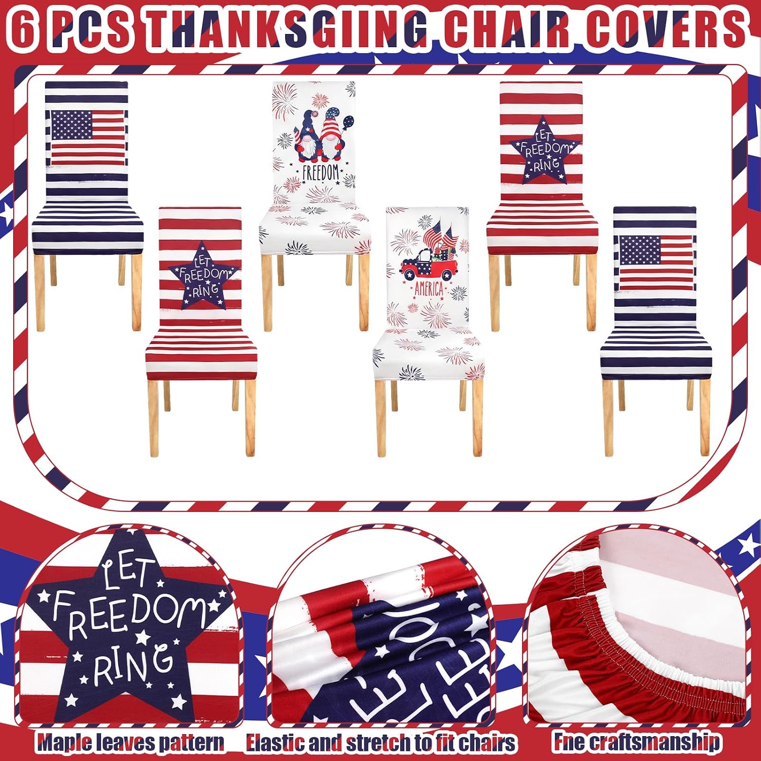 Condition photo showing As Is for mindsoft 6 pcs 4th of july chair cover red white blue patriotic star american flag stretch slipcovers independence day 250th anniversary seat back protector for dining room kitchen hotel party 6 freedom