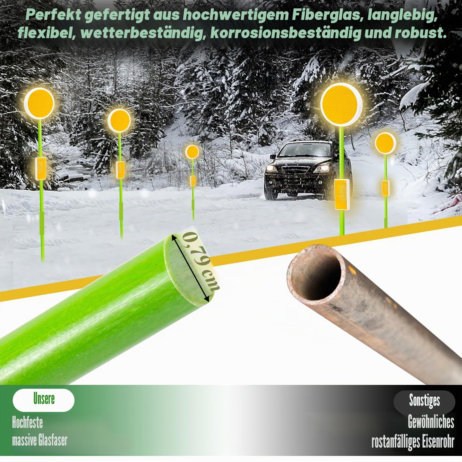 LOMNYIY Reflektoren für Auffahrt, professionelle reflektierende Einfahrtsmarker für Schneepflüge, 130 cm, Fiberglas-Stange, doppelseitige Reflektoren für Auffahrt, Verschiedene Höhen von