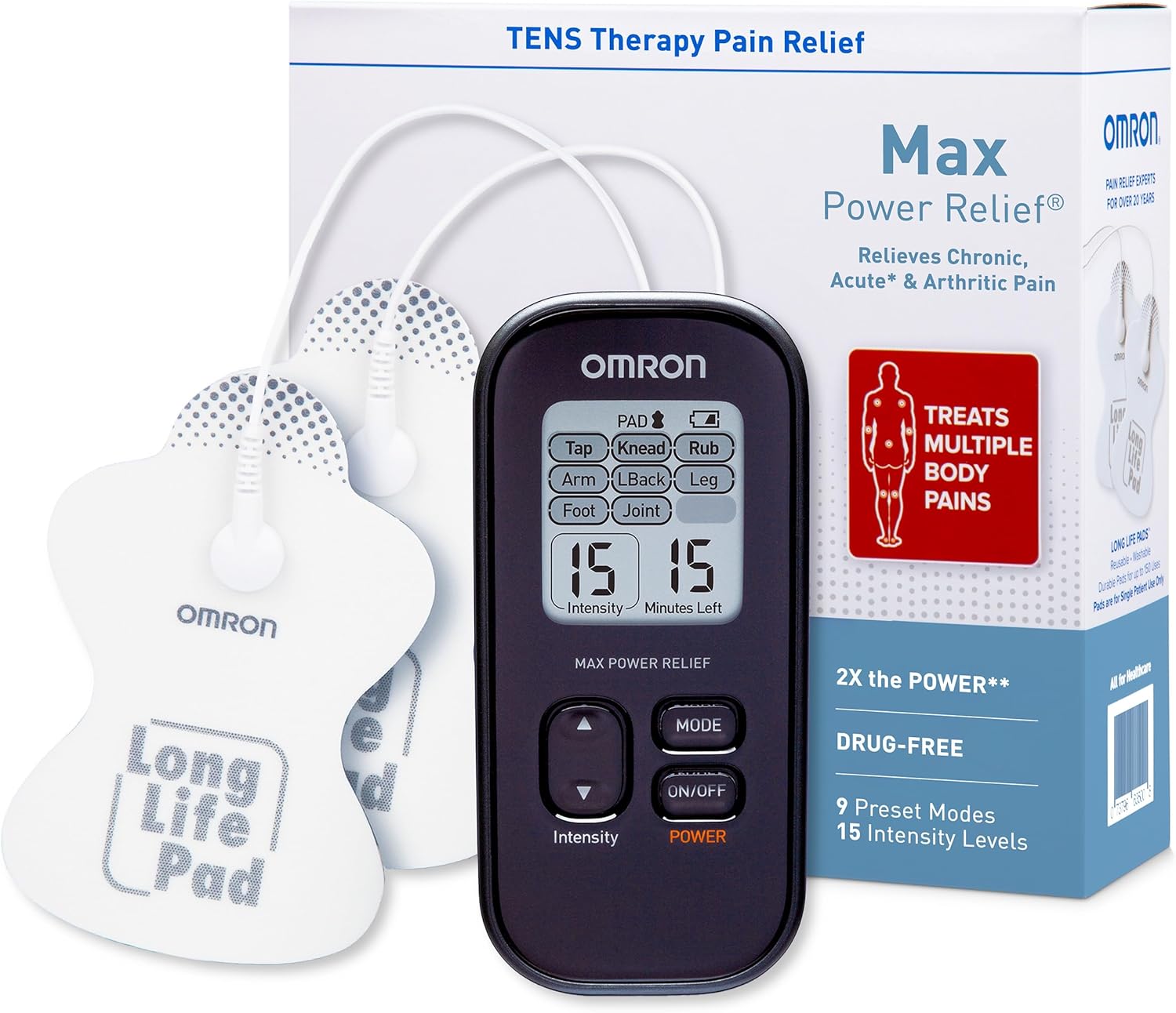 OMRON Max Power Relief TENS Unit Muscle Stimulator for Drug-Free Pain Relief - Portable Electric Massager for Muscles and Joints - Includes 2 Reusable TENS Unit Pads