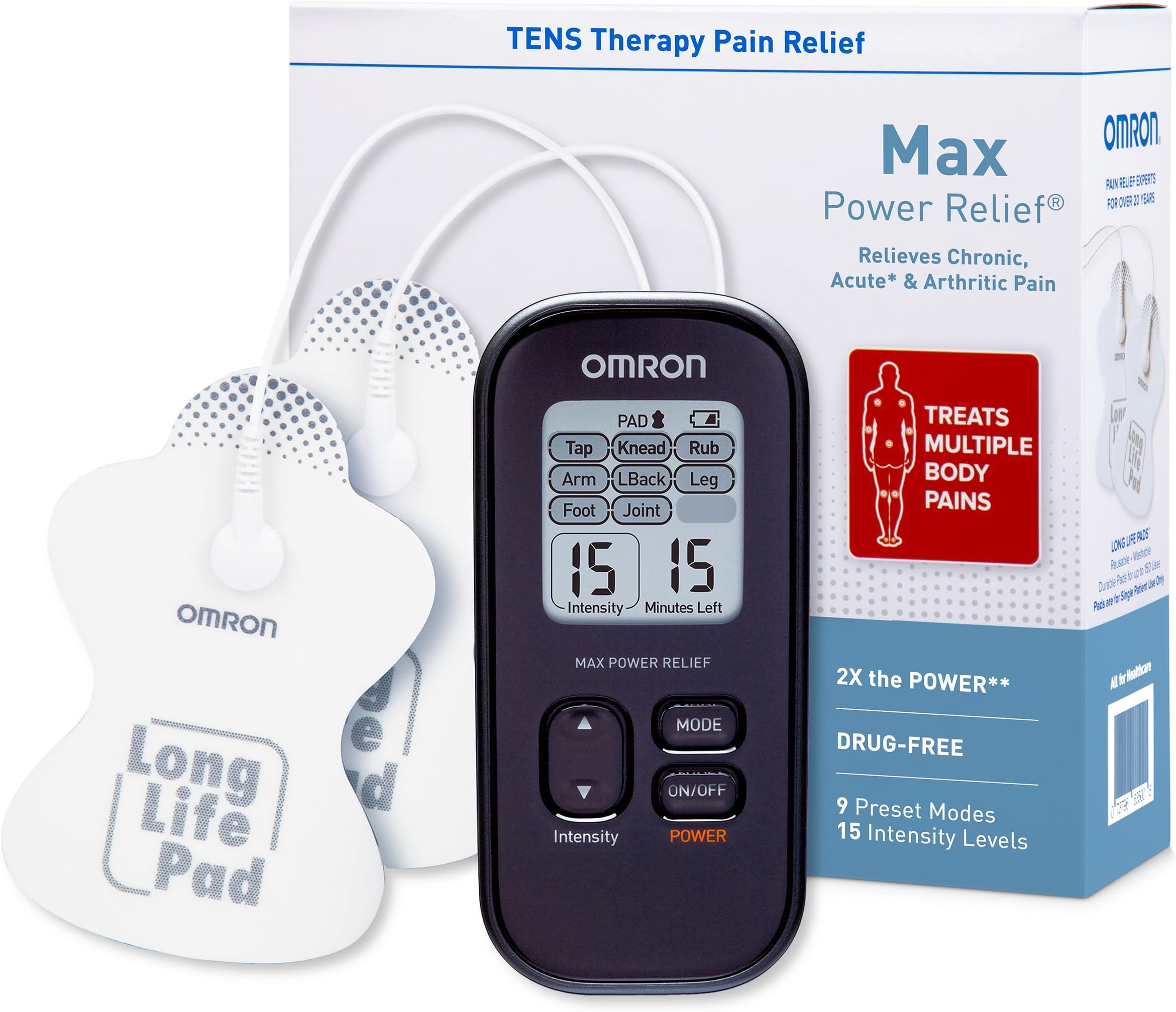 Max Power Relief TENS Unit Muscle Stimulator for Drug-Free Pain Relief - Portable Electric Massager for Muscles and Joints - Includes 2 Reusable TENS Unit Pads