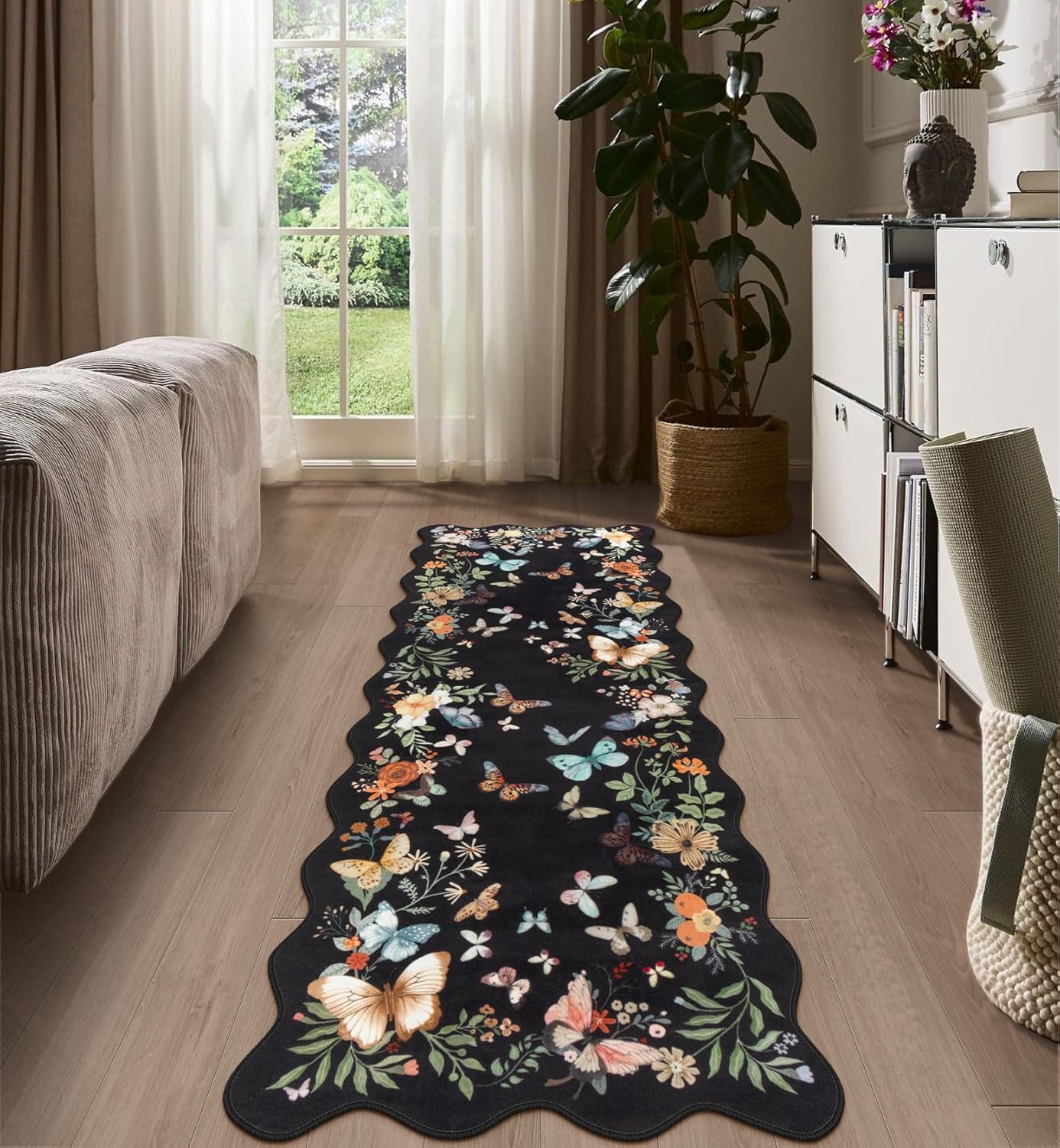 Rugalia Washable Butterfly Scalloped Runner Rug, 2x6 Black Rug Runners for Hallways Soft Non-Slip Ultra Thin Long Kitchen Mat, Boho Floral Throw Carpet for Bathroom Laundry Entryway