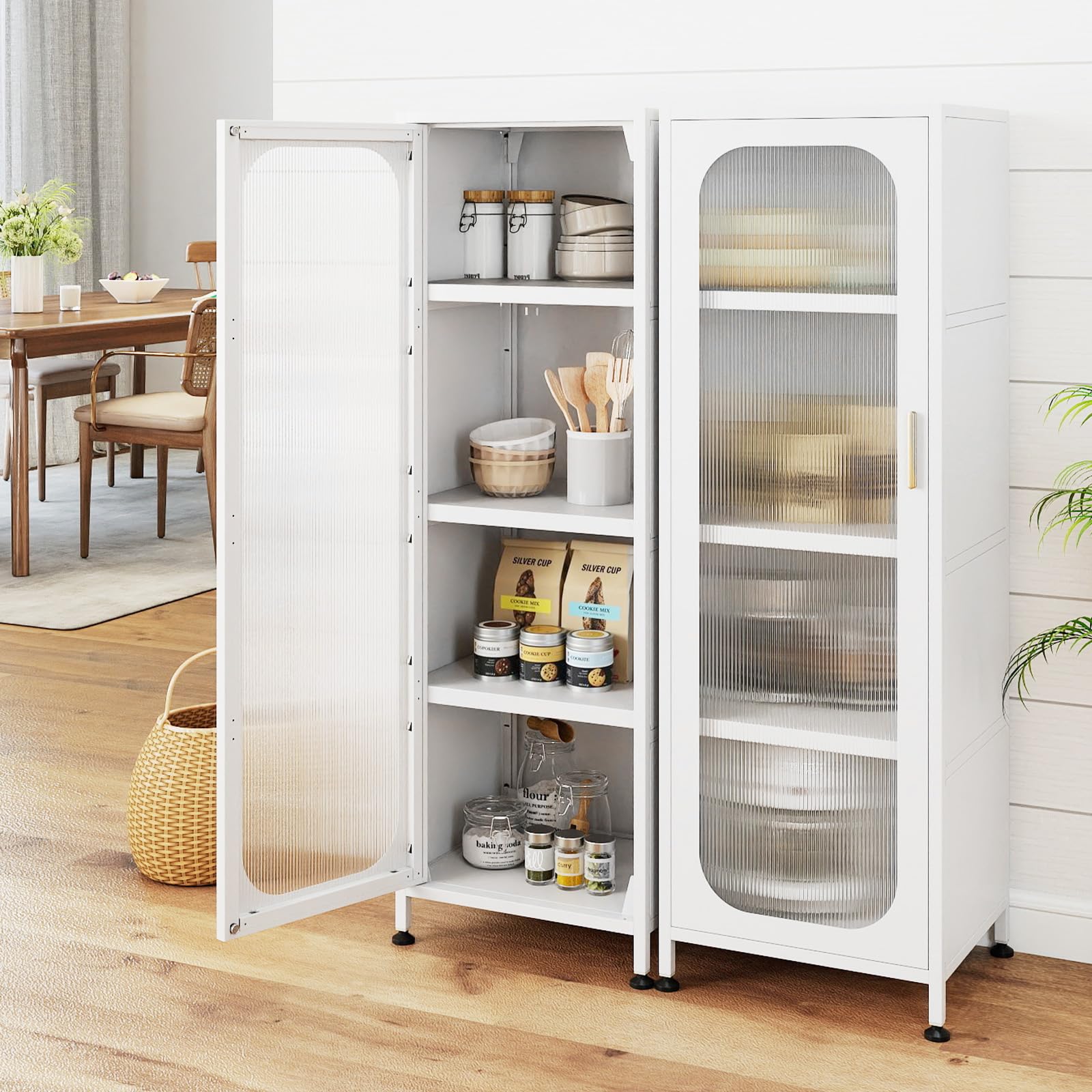 KOMFOTTEU Armadietto da cucina con ruote, a 5 ripiani, con ripiani regolabili, alto con anta trasparente, multiuso, per sala da pranzo, soggiorno, 45 x 40 x 141 cm (bianco)