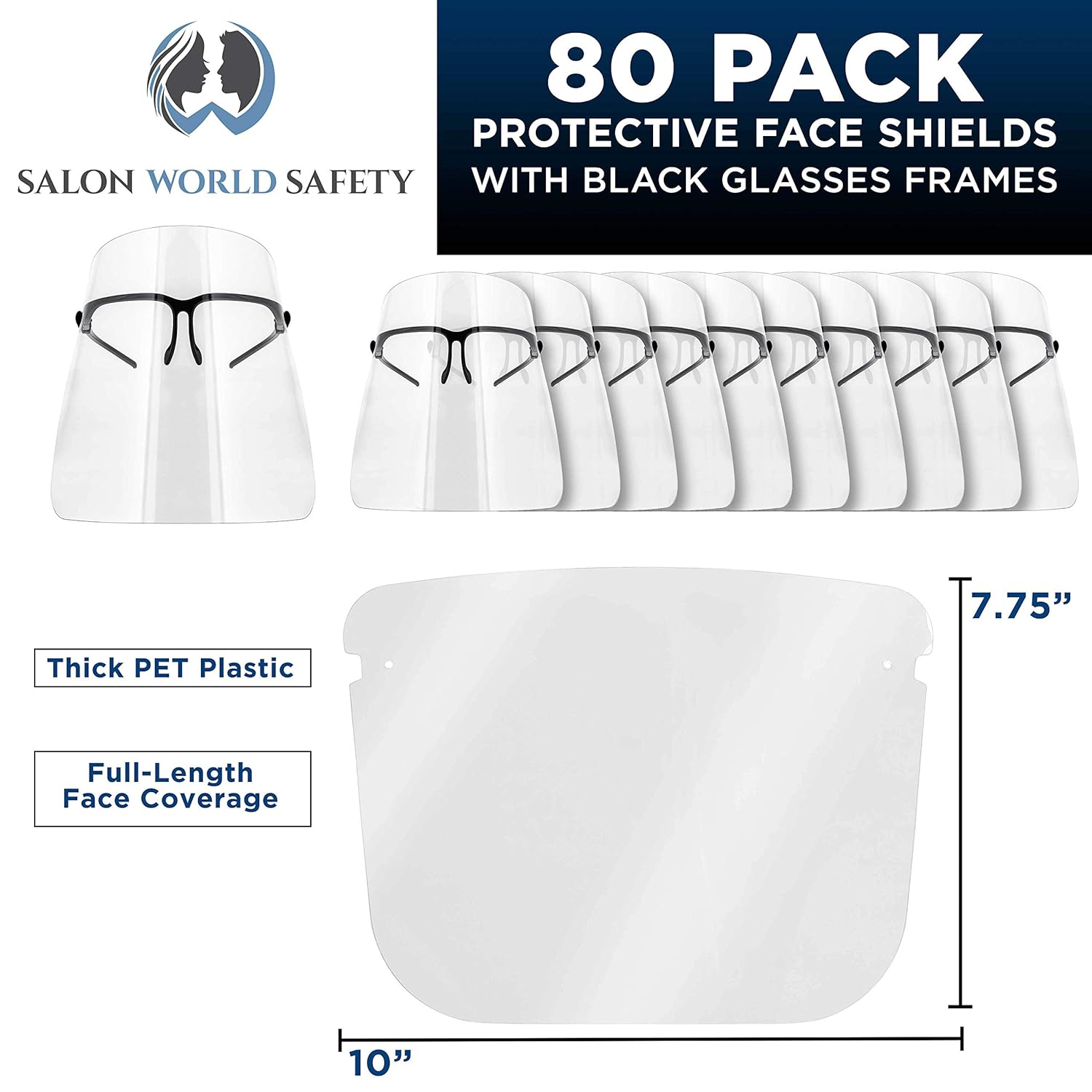 TCP Global Salon World Safety Face Shields with Black Glasses Frames (20 Packs of 4) - Ultra Clear Protective Full Face Shields to Protect Eyes, Nose, Mouth - Anti-Fog PET Plastic, Goggles