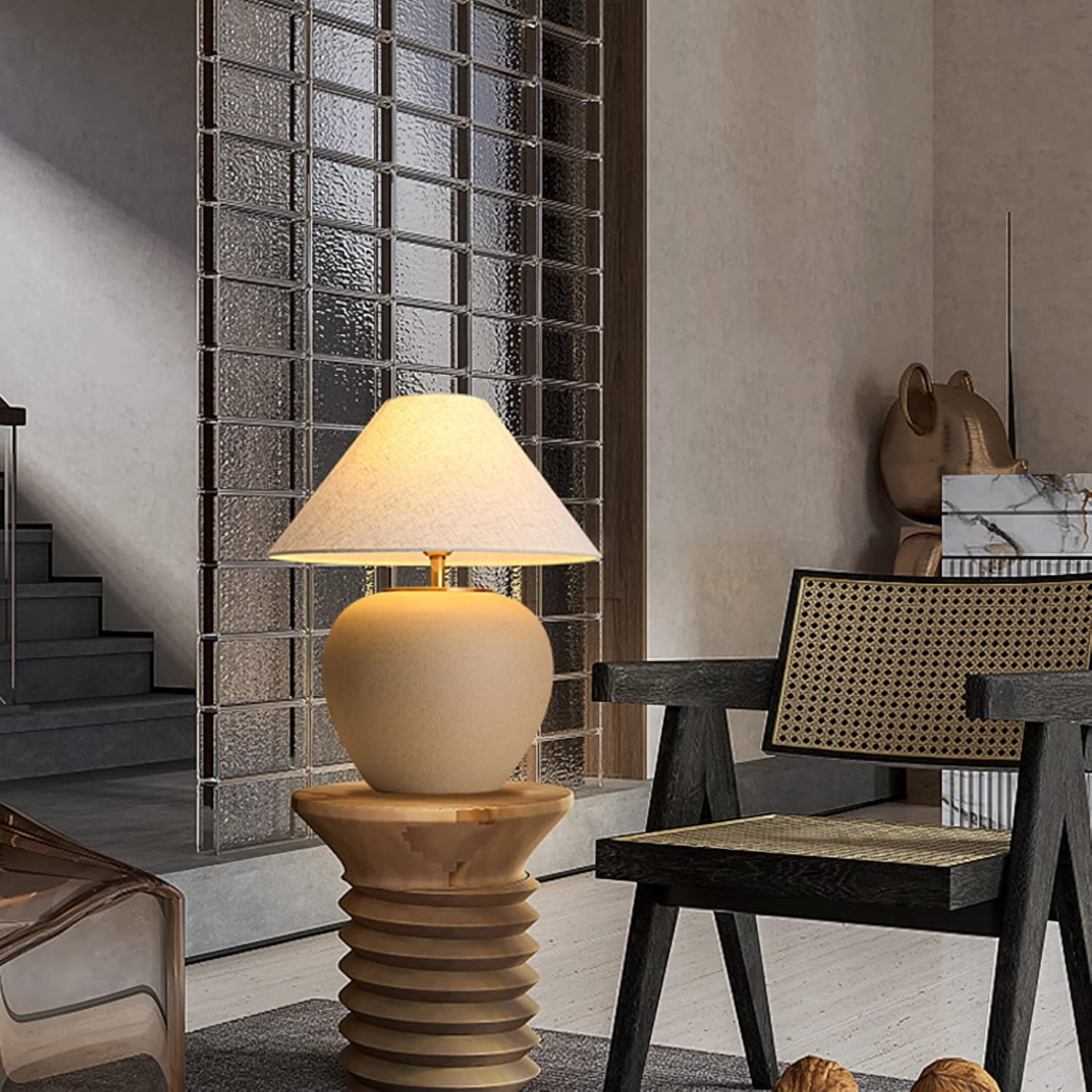 Round Rustic Farmhouse Table Lamps Southwestern Ceramic Lamp American Dark Terra Cotta Tapered Fabric Drum Shade Decor for Living Room Bedroom House Bedside Nightstand Home Office
