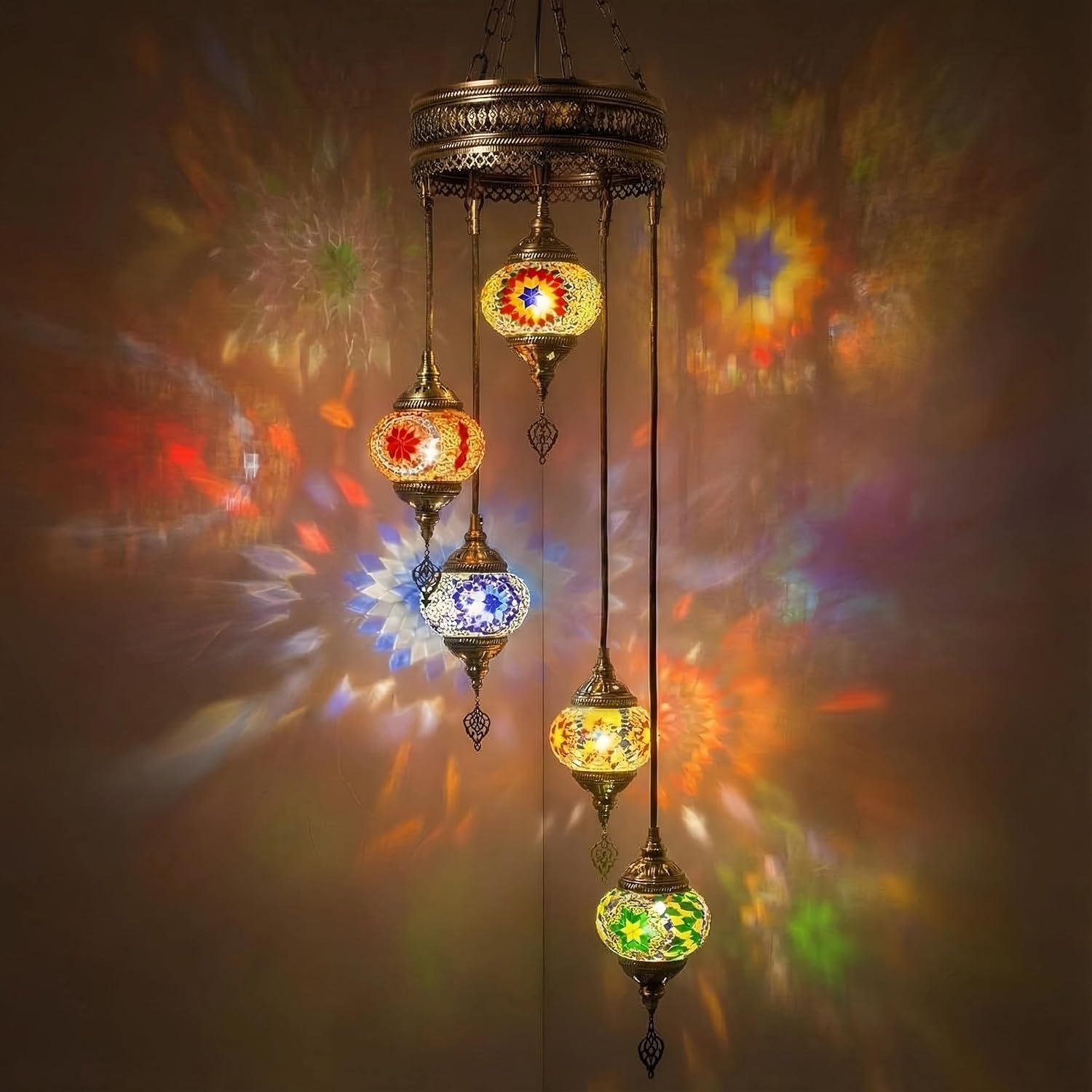 Baquler Turkish Chandelier Moroccan Pendant Light Handmade Ceiling Light Decorative Pendant Lighting Fixture Vintage Bohemian Moroccan Decor for Bedroom, Office, Living Room(5 Globe)