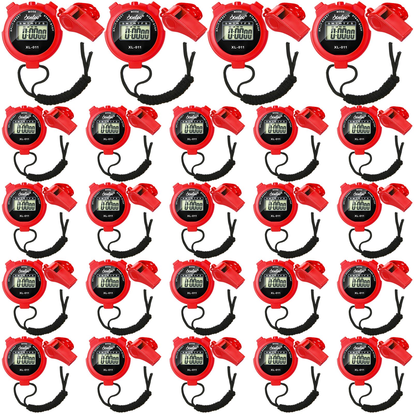 Simgoing 48 Pcs Digital Stopwatch Timer Plastic Whistle Bulk for Sports Coaches Referee Waterproof Watch Timer Whistle with Lanyard Multi Function Electronic Fitness Date Alarm (Red)