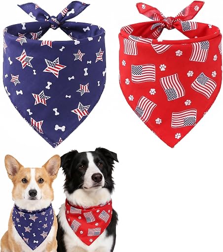 Tinsow Tinsow 2 PCS Washable Dog Bandanas Bibs American Flag Square Puppy Kerchief Independence Day Puppy Collar Cat Pets Collar (Blue and Red-B)