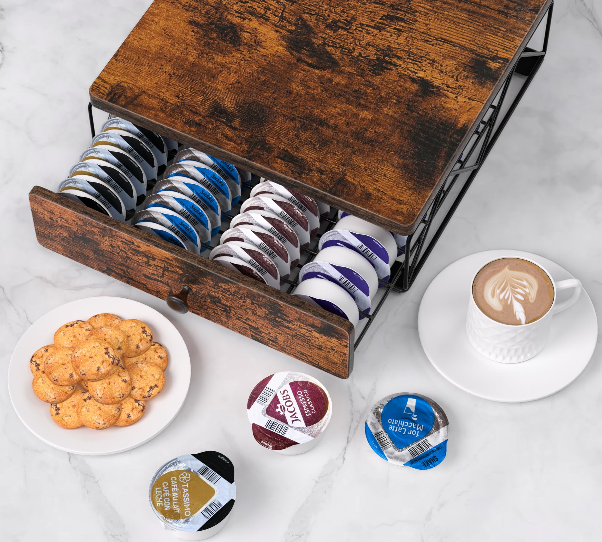 Support de dosettes de café pour 64 capsules Tassimo, rangement de dosettes de café avec dessus vintage pour machine Tassimo, antidérapant, anti-vibrations (dosettes non incluses)