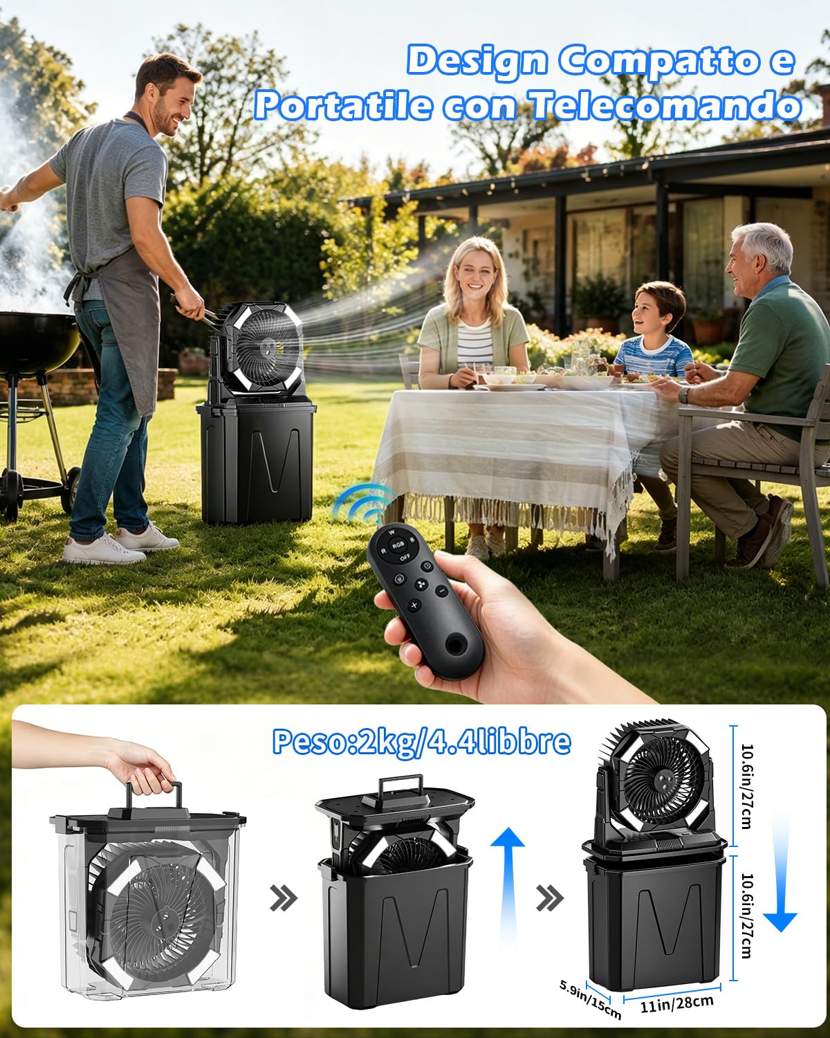 yAyusi 10L Grandi Ventilatore Nebulizzatore Portatile per Esterni con Luce RGB, 3-in-1 20000mAh Ventilatore Ricaricabile con Telecomando e Timer,4 Velocità Vento 4 Modalità Spruzzo per Patii/Camp/Golf