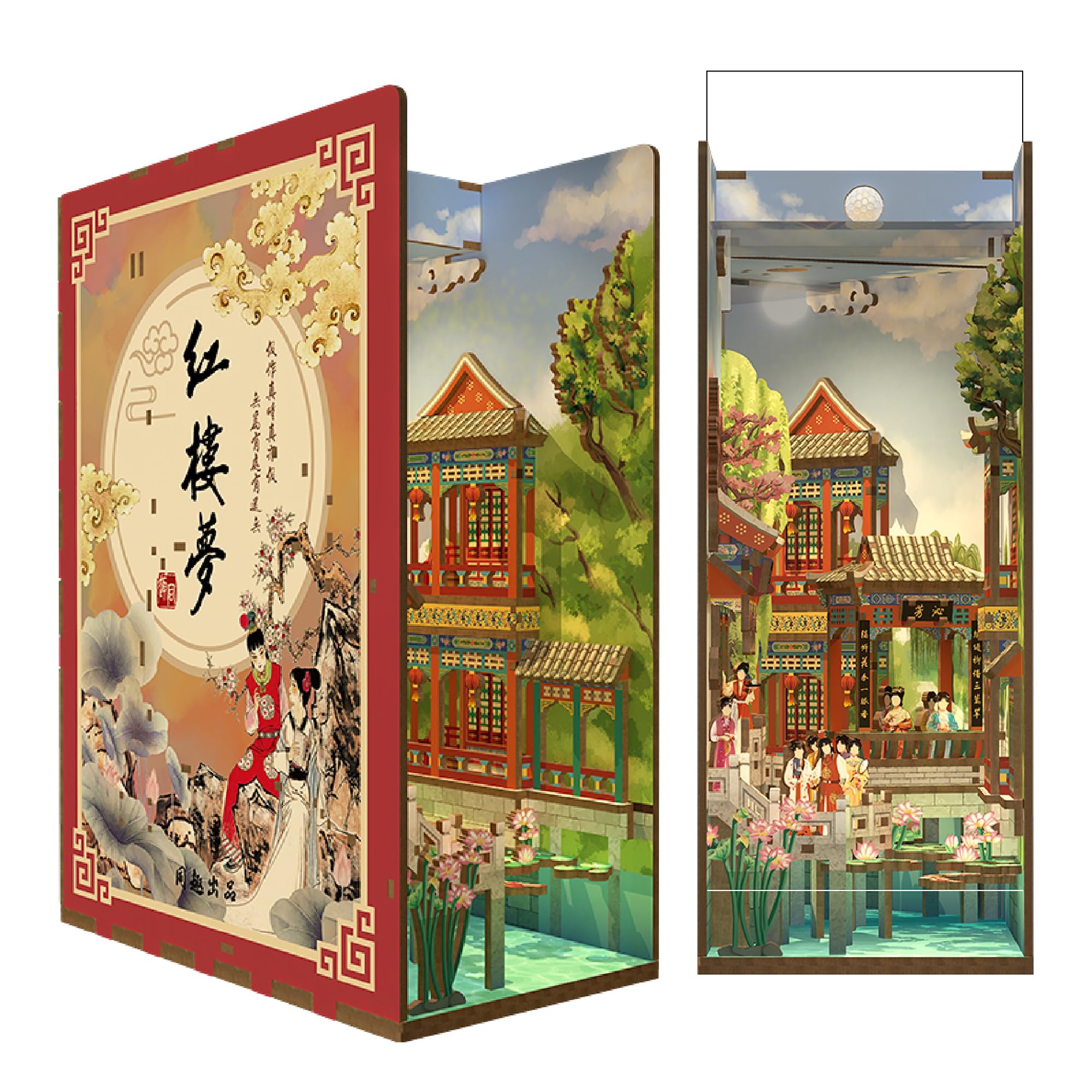 Tonecheer DIY Book Nook Kit, Dream of Red Mansions 3D Puzzle Wooden Miniature House Kit for Adults, Booknook Set Dollhouse Bookshelf Decor Bookend with Dust Cover and LEDs