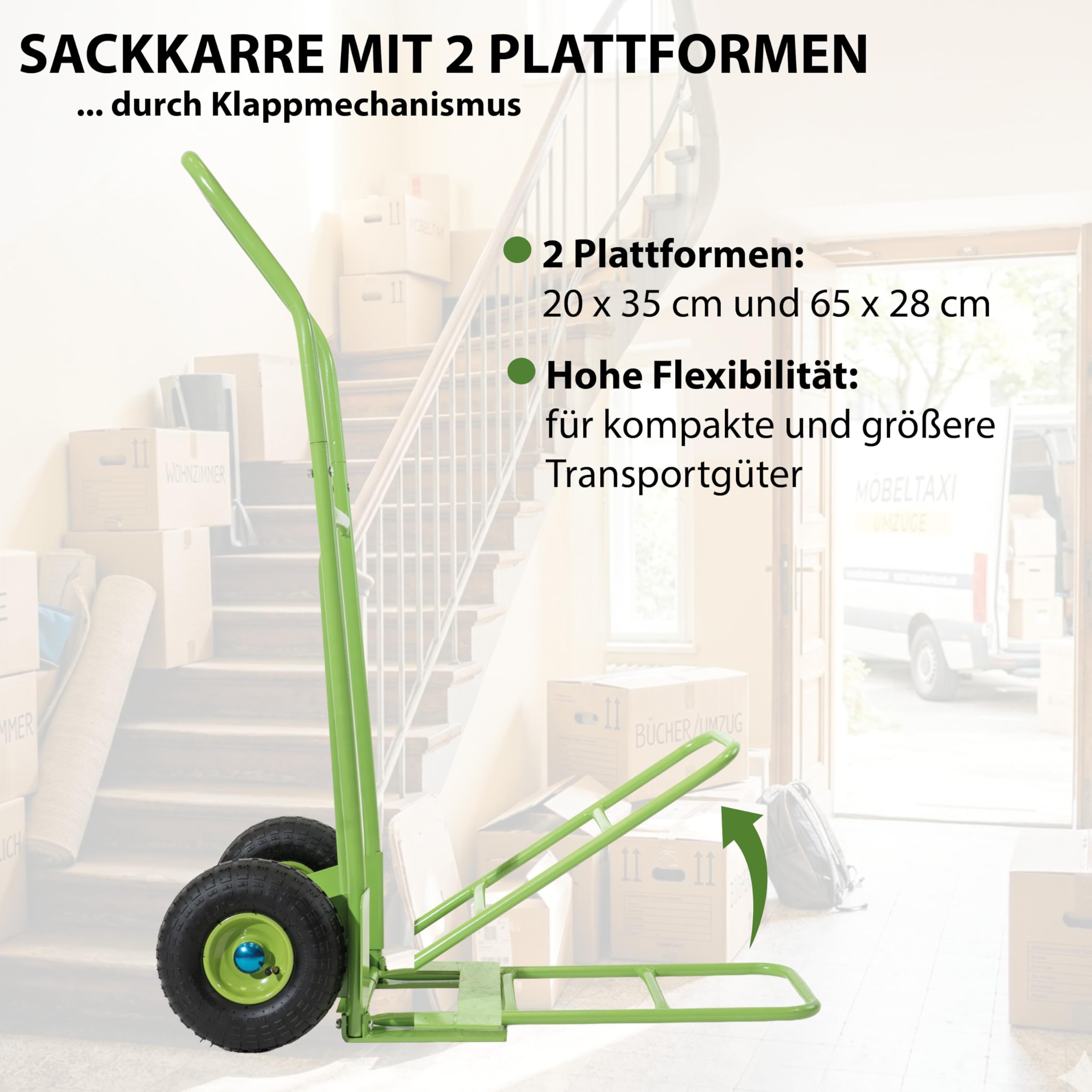 Sackkarre Paketsackkarre mit 2 Plattformen klappbar grün 150 kg Tragkraft 24 cm Reifendurchmesser 49 x 89 x 122 cm Gesamtmaße Transportkarre