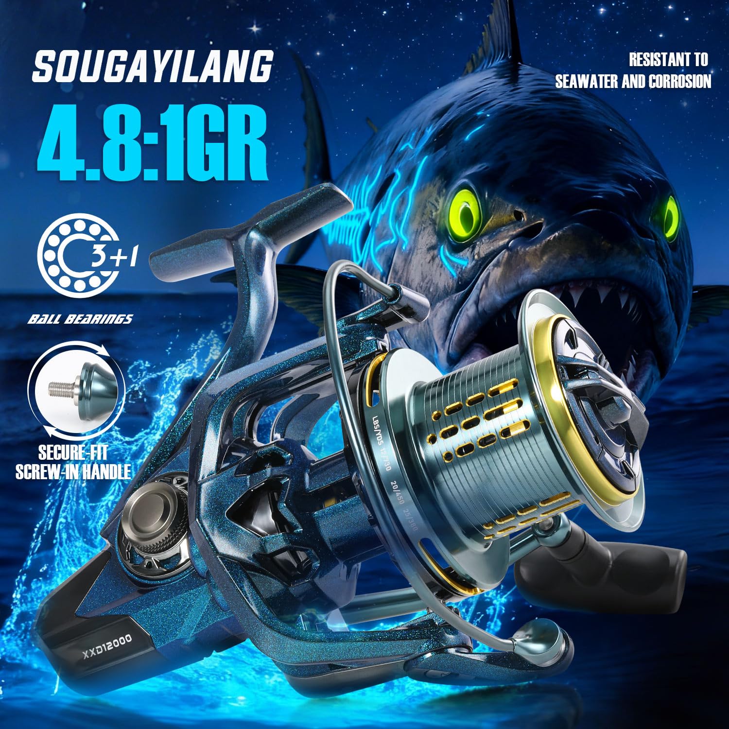 Yun Nong Spinnrollen - 10000/12000/14000 Serie 18+1 Edelstahl-Kugellager 14,5 kg Widerstand 4,8:1 Übersetzung CNC Aluminium Spule Ultra Glatt & Leistungsstark für Salzwasser Süßwasser & Brandung