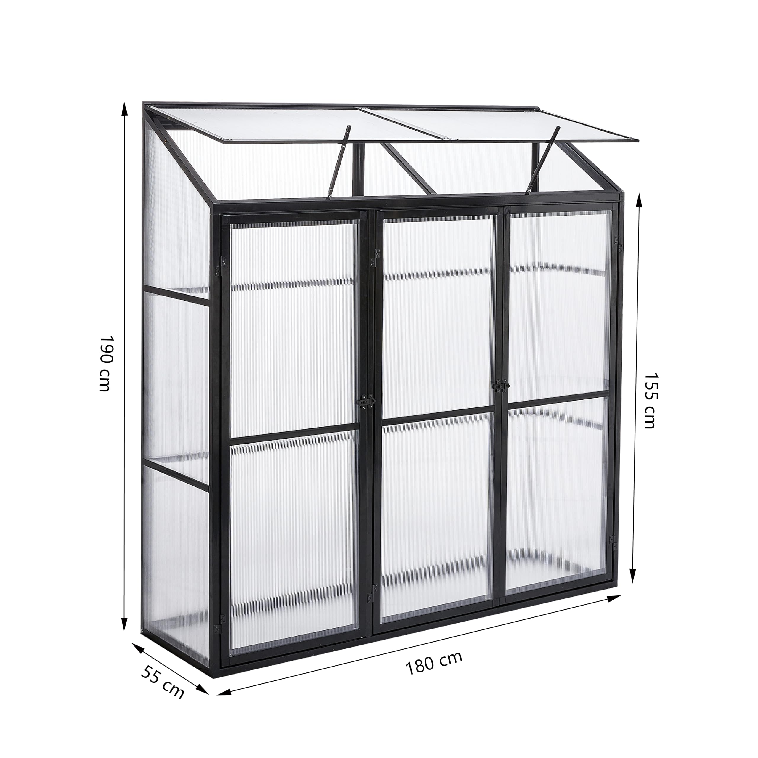 Aluminium Anlehngewächshaus Beistell Tomatengewächshaus klein Gewächshaus Dreitürig Treibhaus 190x55X180 cm schwarz