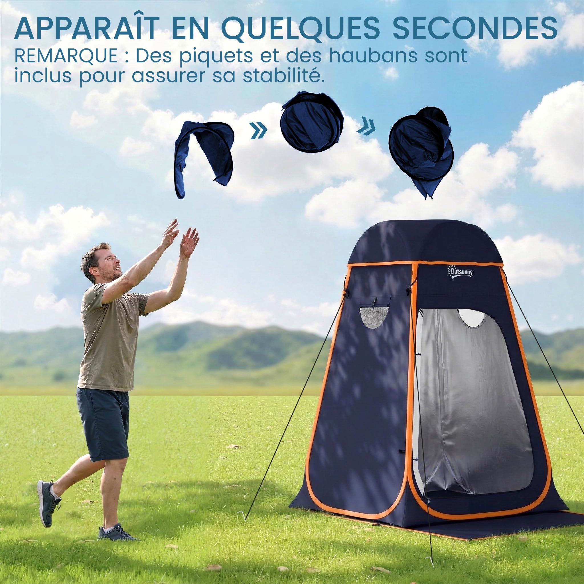Outsunny Tente de Douche Portable Pop Up Toilette Tente de Camping Pliable vestiaire Cabine de Changement Vêtement Extérieure Intérieure Toit Amovible Poche Sac 152 x 152 x 200 cm Bleu foncé