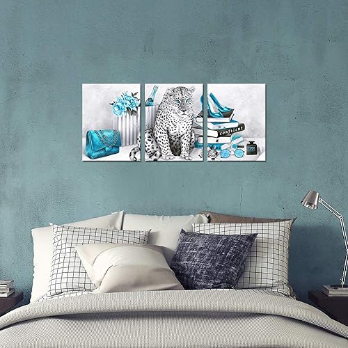 Miniatura 4 de Visual Art Decor Arte de pared turquesa y gris, pintura de leopardo, impresiones en lienzo para dormitorio de niñas, decoración de pared de baño, 12