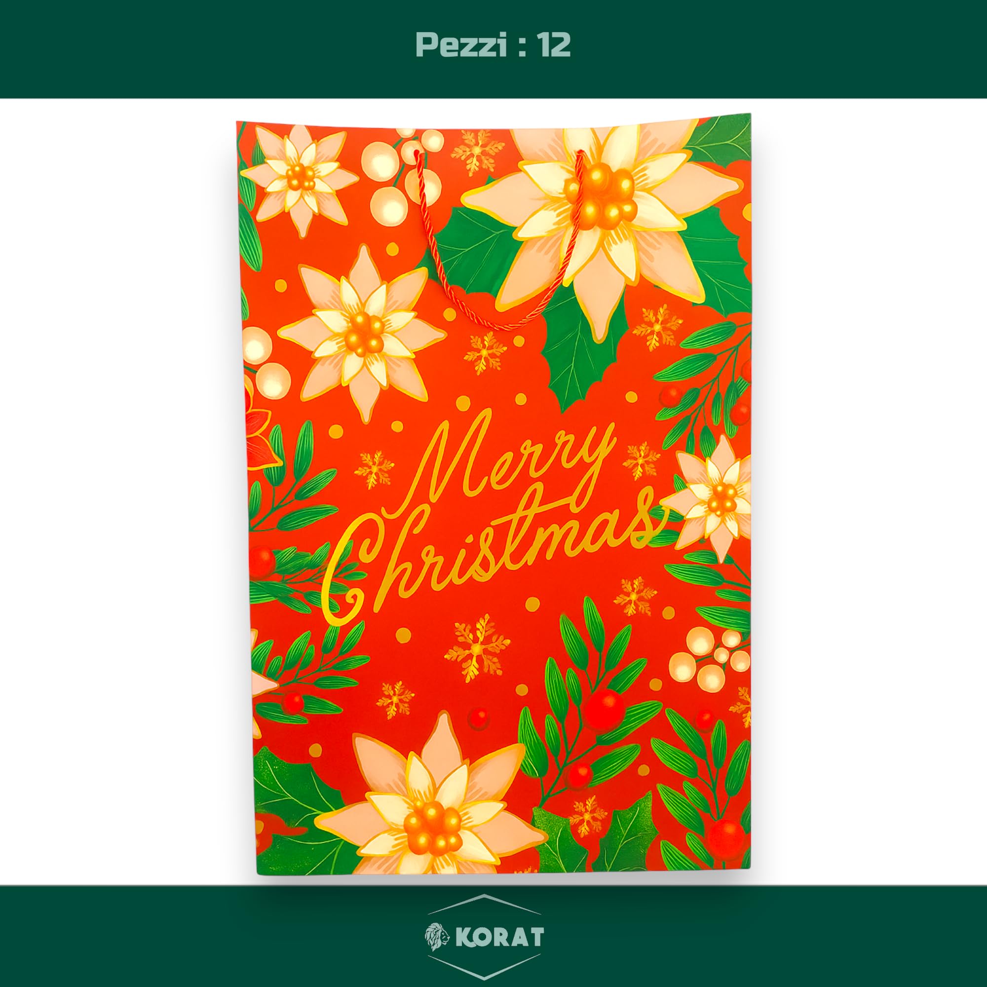 KORAT 12 Buste Regalo Natalizie Carta Plastificata Lucida Vari Formati Sacchetti Regalo Natale Riutilizzabili Manici in Corda per Regali e Bottiglie (Fiore Natalizio - 50x72x16 cm)