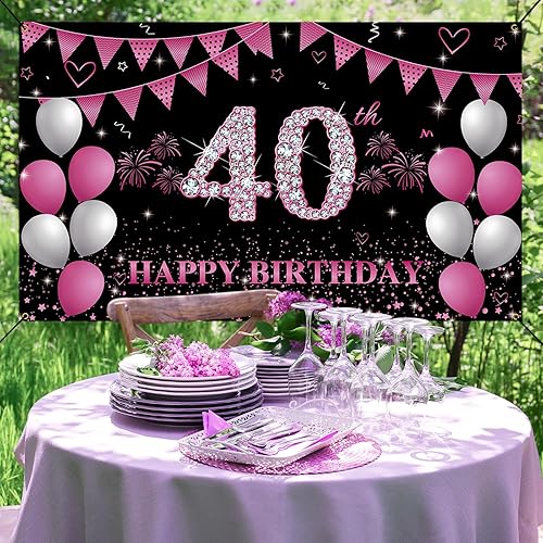 Miniatura 4 de Cartel de fondo de 40 cumpleaños rosa intenso, decoraciones de feliz cumpleaños 40 para mujeres, fiesta de cumpleaños de 40 años, accesorios de