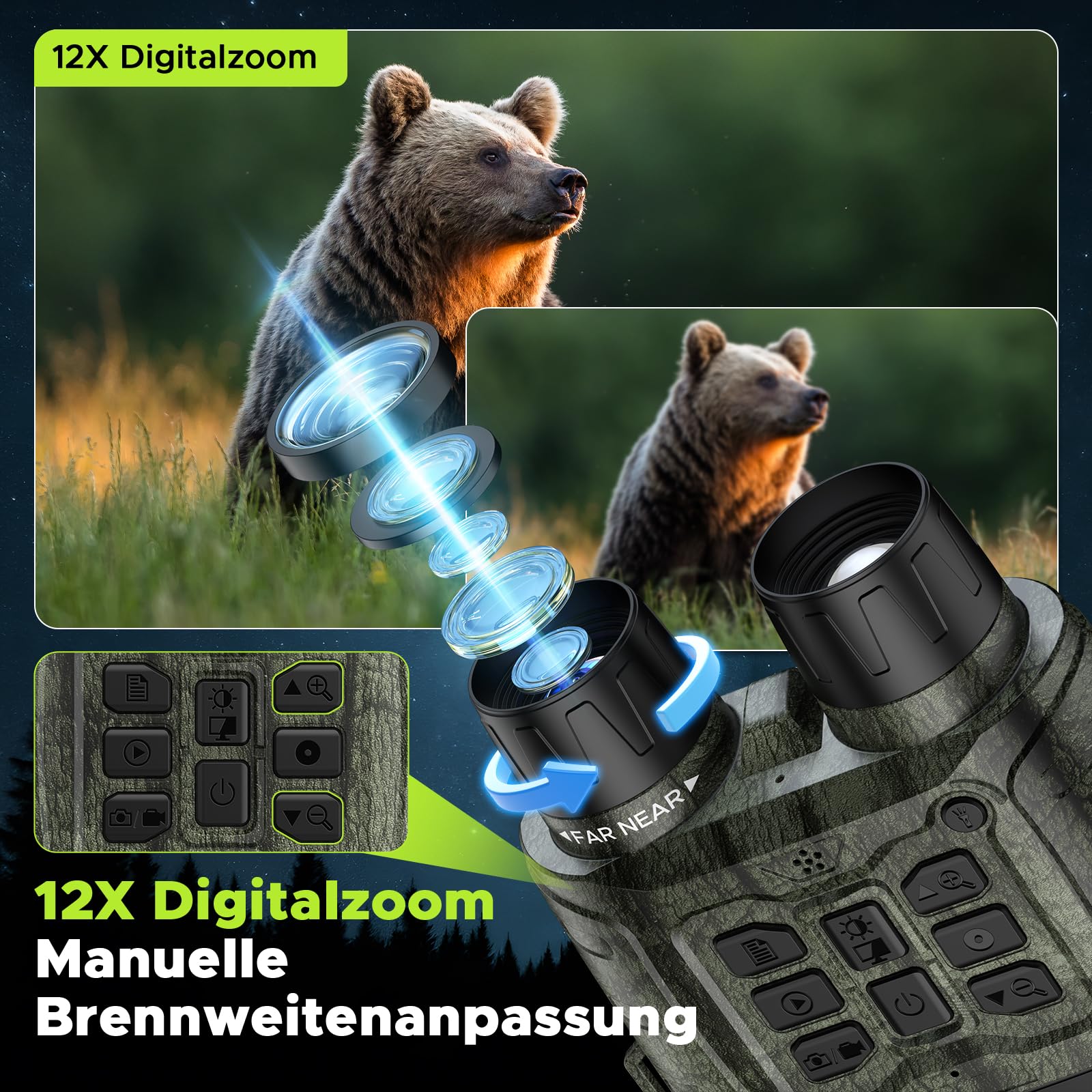 Nachtsichtgerät mit WLAN, 112MP 4K Digitales Infrarot Nachtsichtgerät 12X Zoom 450m Reichweite, 5000mAh Akku 16h Laufzeit, 32GB Speicherkarte, WLAN App Live-Ansicht für Jagd, Camping, Sicherheit