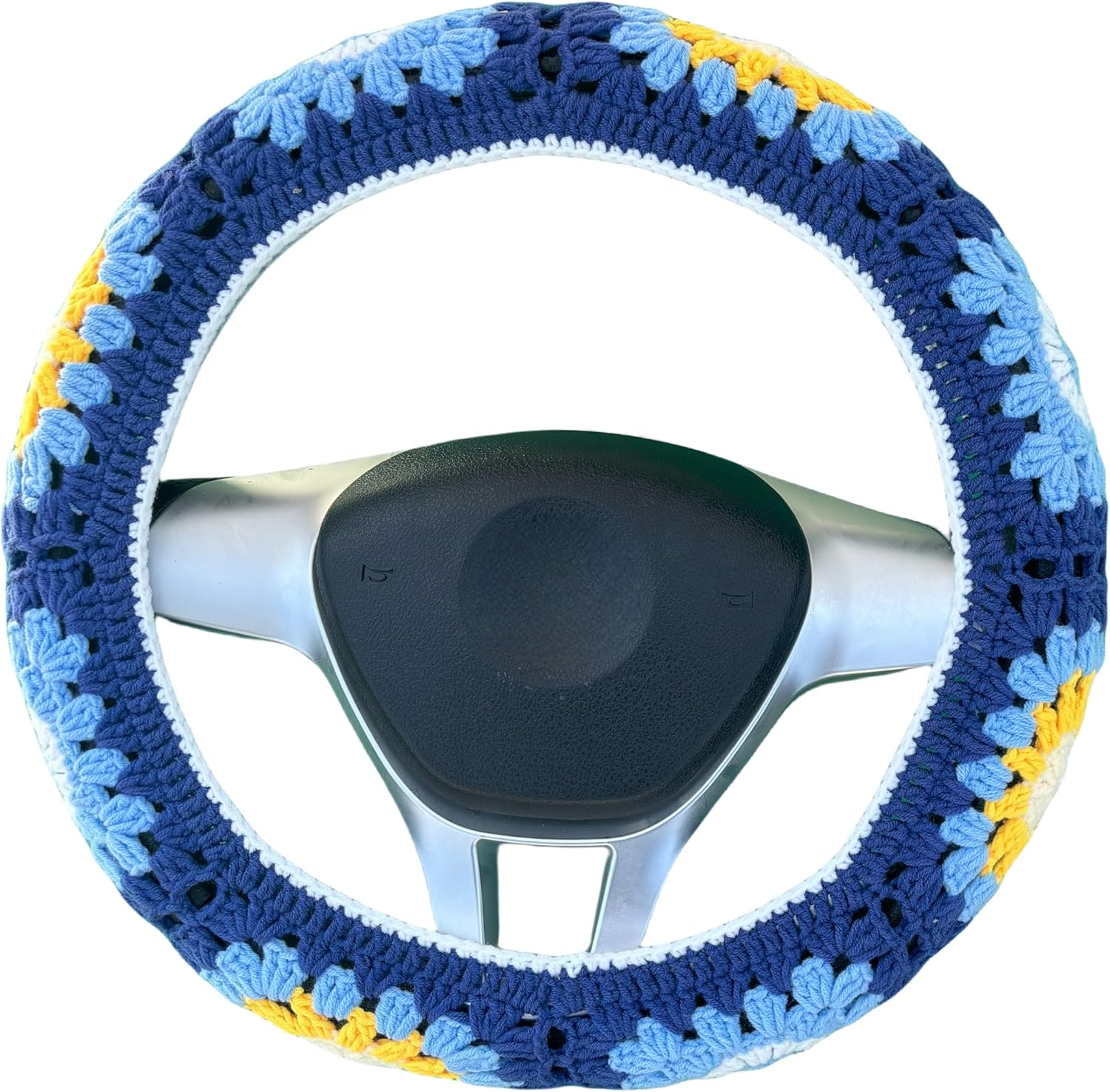 Crochet Steering Wheel Cover, Sun and Moon Granny Square, 14-15 Inch, Universal Fit, Boho Car Accessories, for Men, Women and Girly, Blue, Soft Yarn Material (A Wheel Cover)