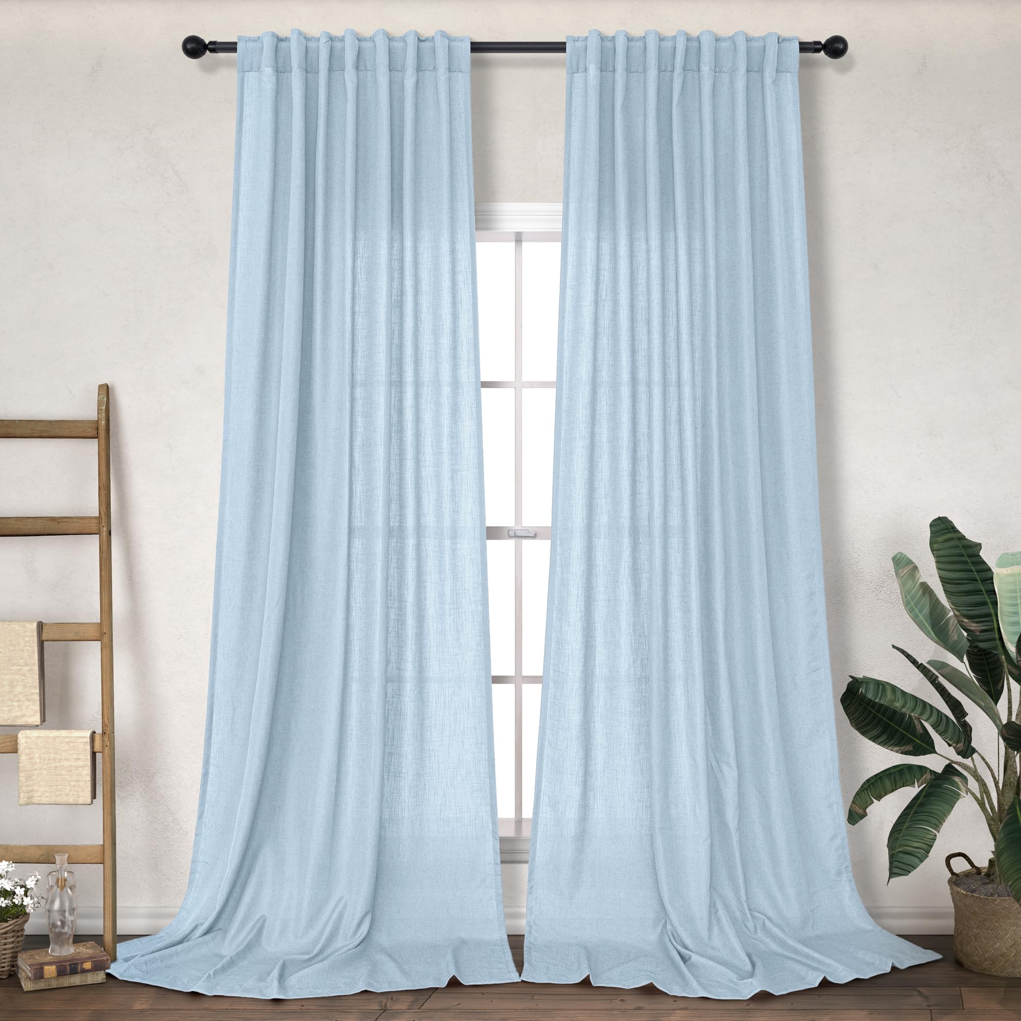 Light Blue Linen Curtains 108 Inches long for Living Room 2 Panels Set Pale Blue Flax Pleated Light Filtering Drapes Back Tab Neutral Boho Ceiling