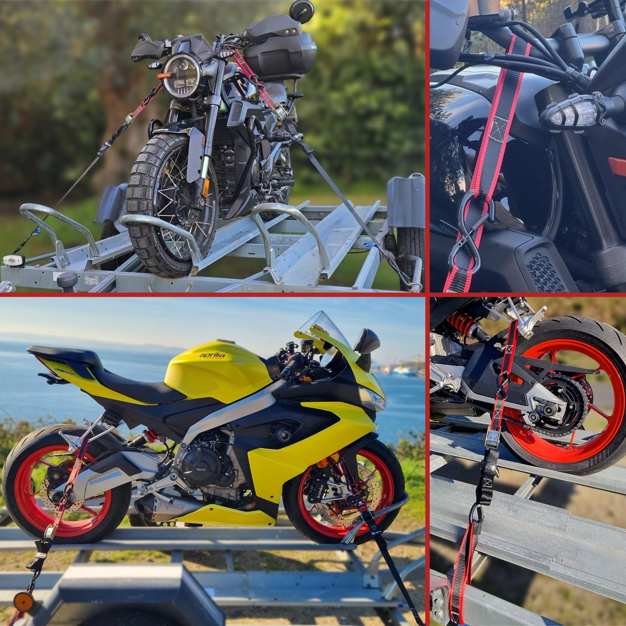 Motorrad Spanngurte 2er Set [550 kg Bruchlast & EN 12195-2 geprüft] – Zurrgurte mit Haken 1,9 m + 2 Zurrschlaufen – Spanngurt Set inkl. Tasche & Klettband (Für Transport & Motorradträger) - 4