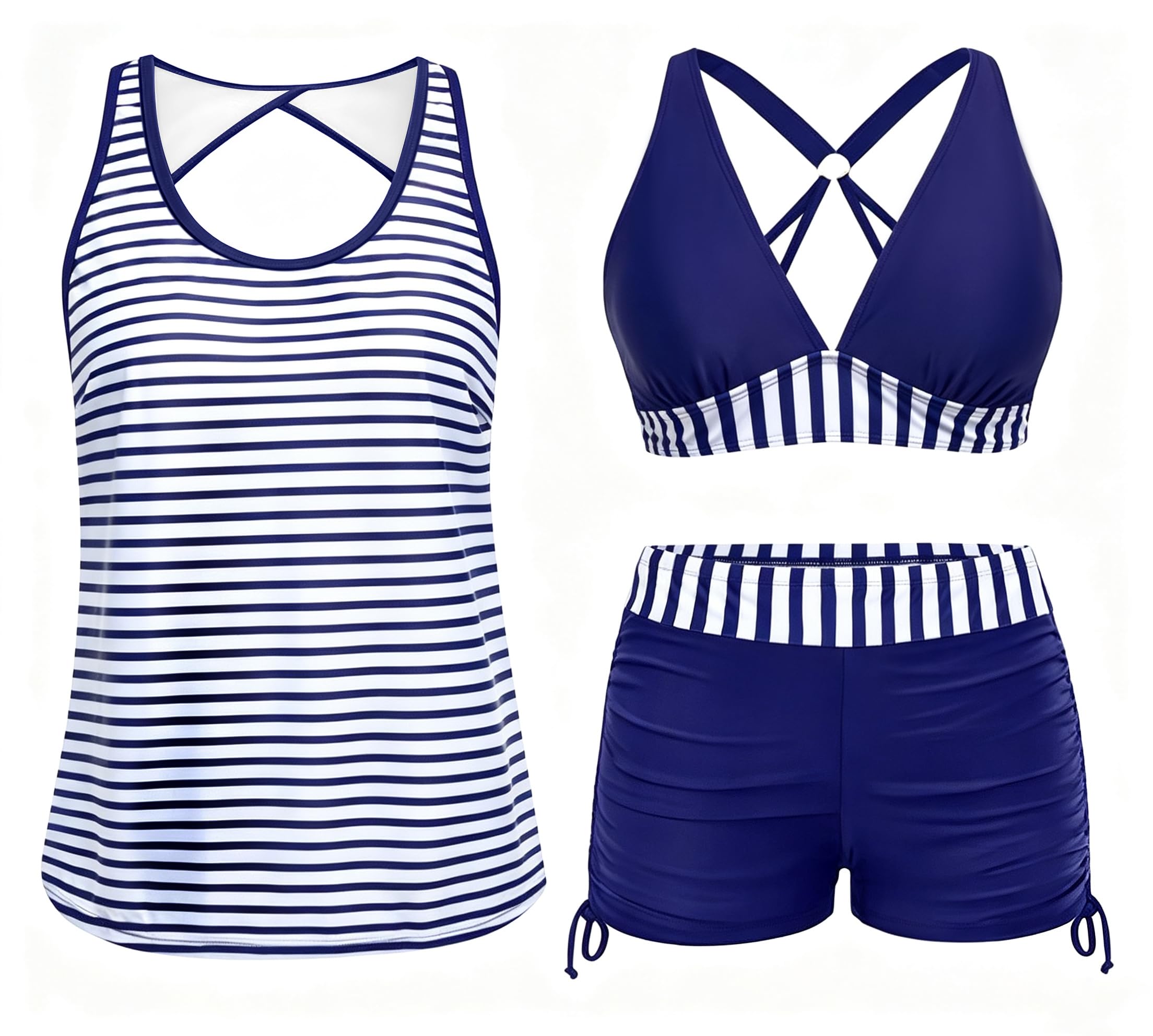 Yonique 3 Piece Tankini Swimsuits for Women Swim Tank Top Bathing Suits with Boy Shorts and Bra Athletic Swimwear