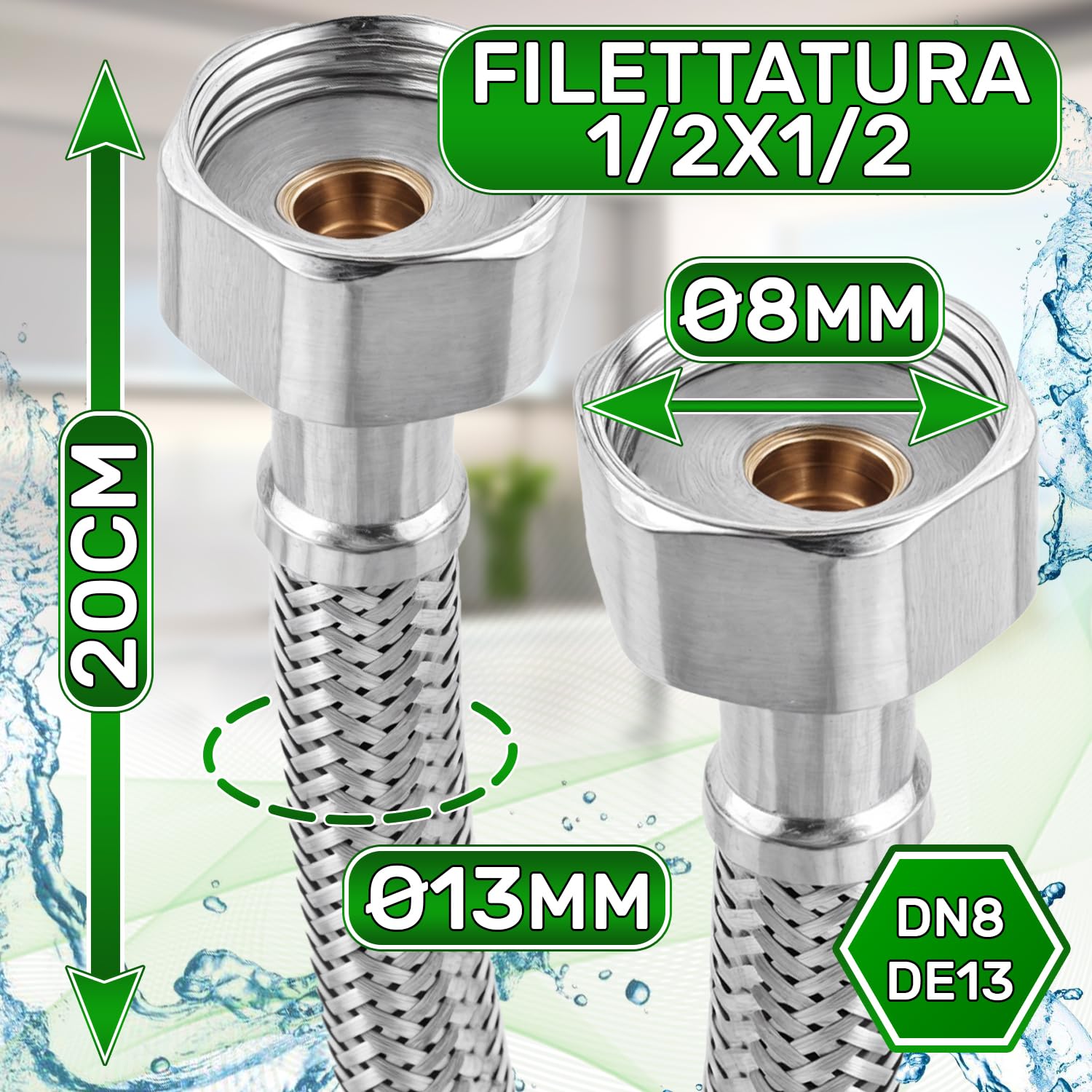 Tubo Corazzato 20 cm Femmina 1/2” x Femmina 1/2” DN8 DE13 - Tubo Flessibile Realizzato in Acciaio Inox Temperatura max 70°C Pressione di Esercizio 10 bar - Garanzia di 5 Anni - ONIX TECH
