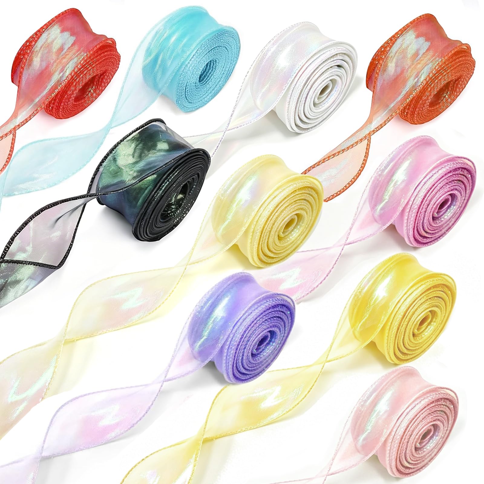10 Rolls 4cm x 9m Wide Chiffon Ribbon, Organza Ribbon, Sheer Shimmer Iridescent Ribbon, Transparent Shimmer Ribbons, Ribbons for Gift Wrapping for Wedding Bouquet, Crafts, Party Decor