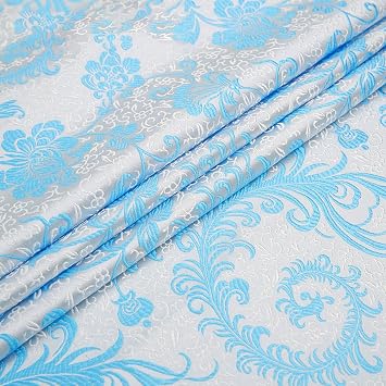 Elegant Brocade Material, Jacquard Fabric Lake Green Fresh and Elegant Color Patchwork Squares Generous Delicate Handwork Print Sewing Crafts ClothPhoenix Flower Blue