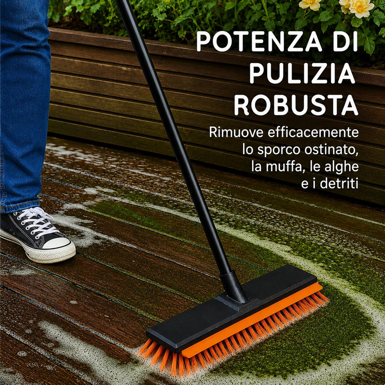 CUQOO Scopa resistente per esterni, spazzola con setole rigide con manico lungo per giardino, patio, vialetto e garage, spazzola resistente per esterni, ideale per superfici dure, pavimentazioni in