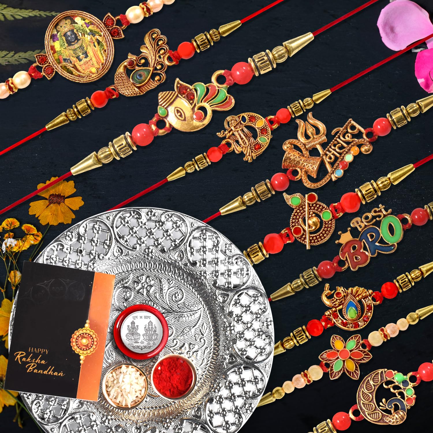 Oblivion Rakhi For Brother Set Of 10 With Dish, Silver Coin & Greeting Card, Rakhi For Bhai, Bhabhi & Kids With Gift For Brother (K10_MC56_DS)-picture-7