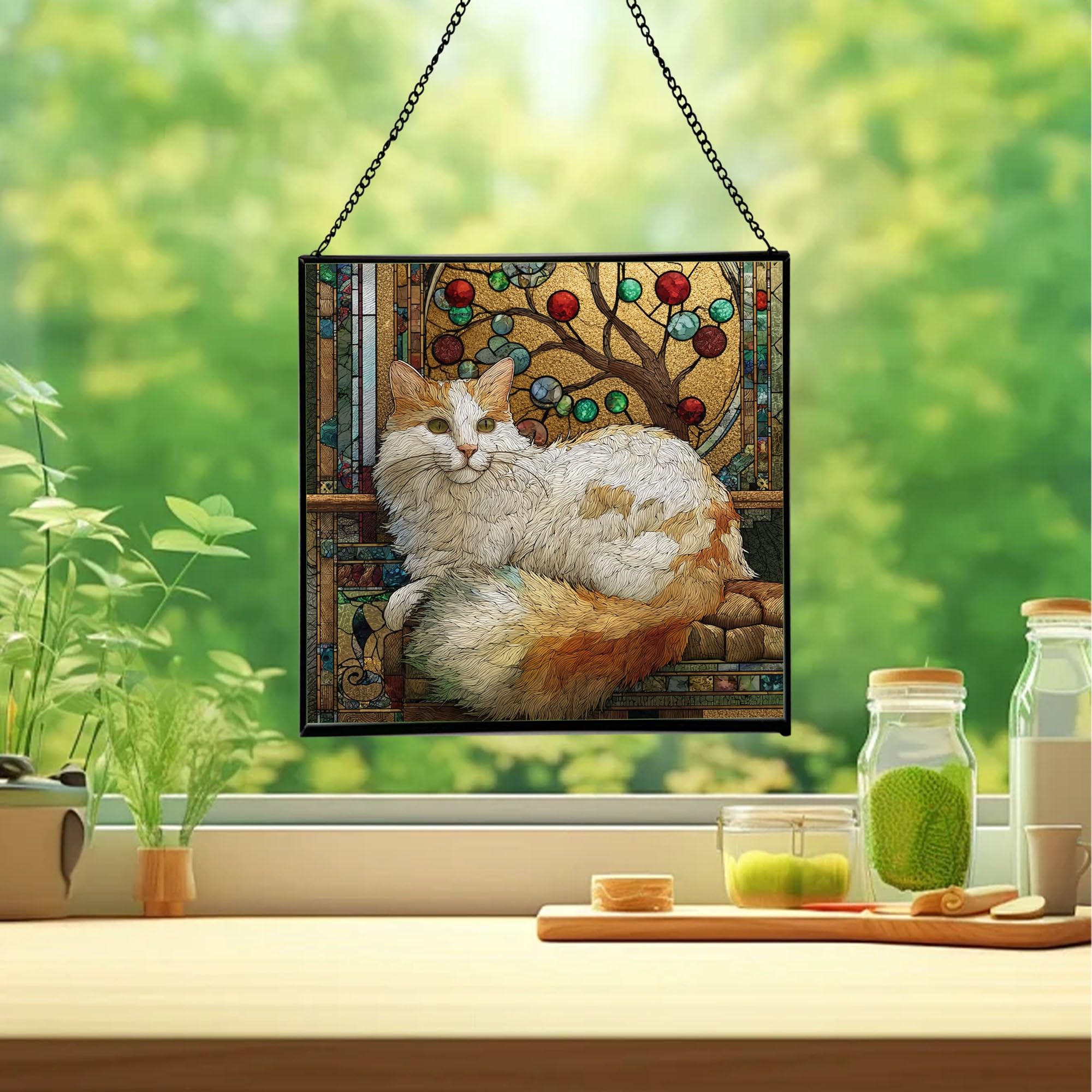 Turkish Van Cat Christmas Stained Glass Suncatcher – Square Hanging Holiday Window Panel with Cozy Fireplace Scene – Winter Glass Art Decoration Gift for Animal Lovers, Pet Owners rWLHC2