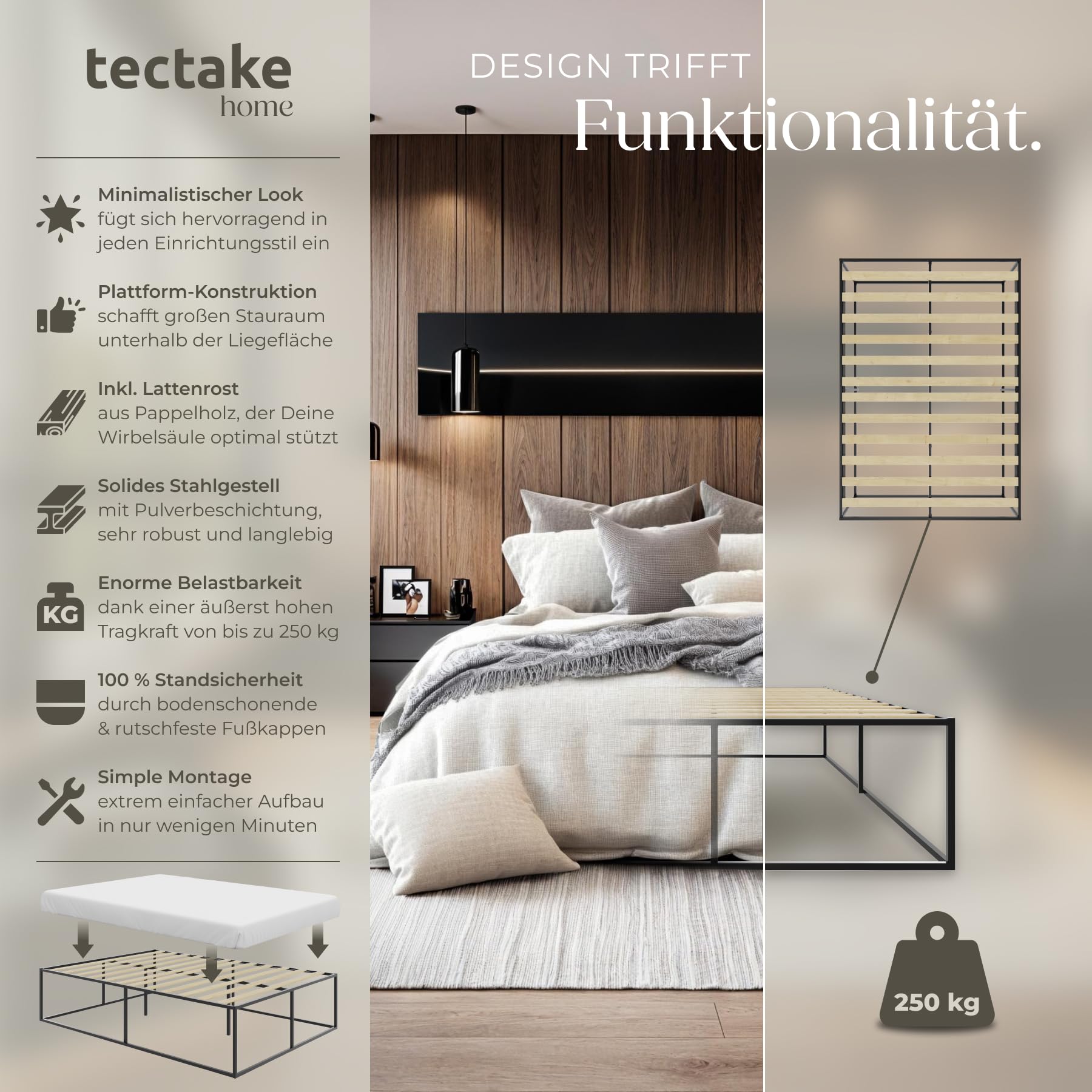 tectake® Bett 140x200 cm, Metall Bett mit Lattenrost, Bettrahmen mit Stauraum, großes Bettgestell ohne Kopfteil, als Ehebett, Einzelbett, Jugendbett, Gästebett, für Schlafzimmer - 140 x 200 x 46,5 cm