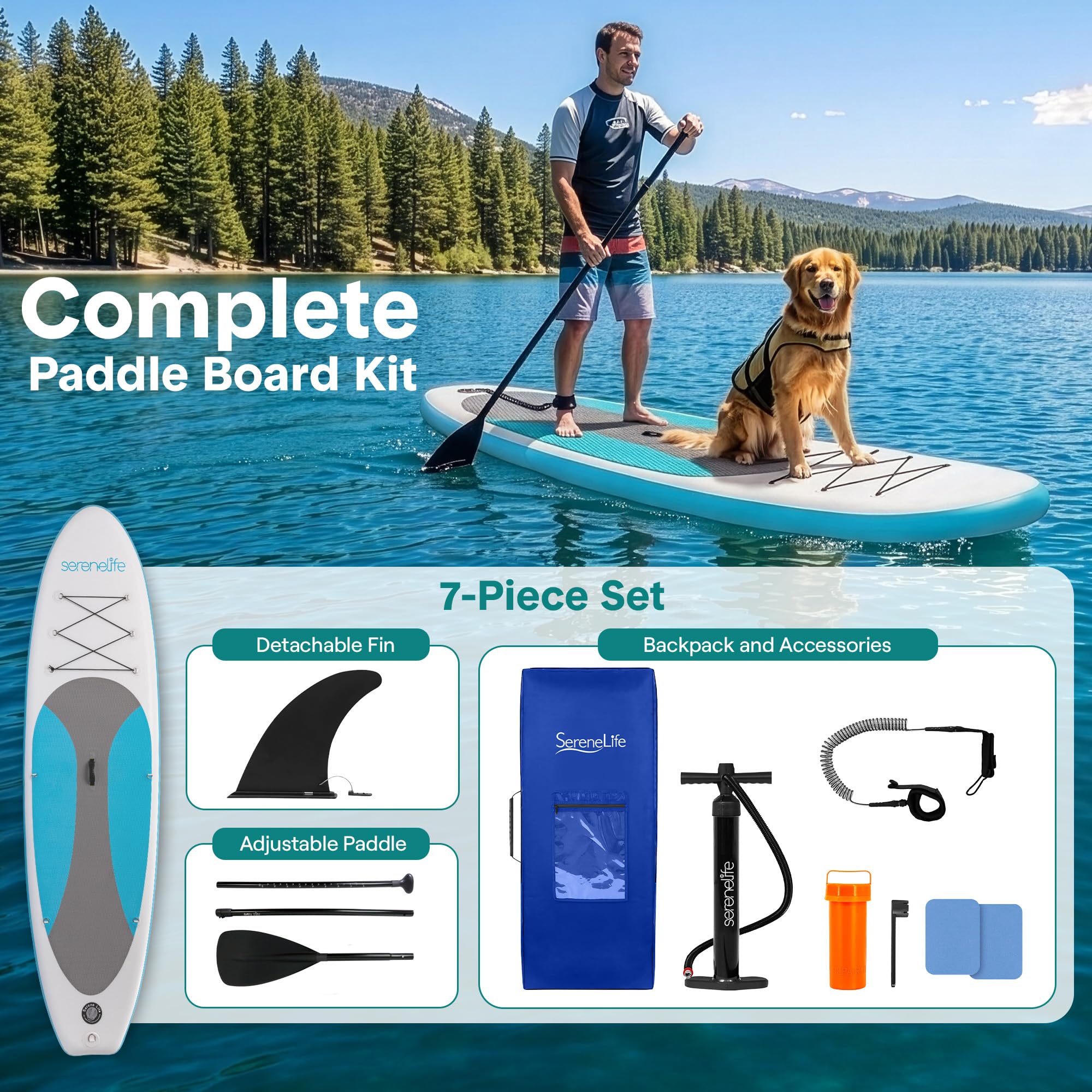 SereneLife Inflatable Stand Up Paddle Board, SUP Board- Paddleboards for Adults & Youth, Paddle Board Accessories,15.25 cm Thick Standup Paddleboarding, Non-Slip Deck, Wide Stance, Surf Control