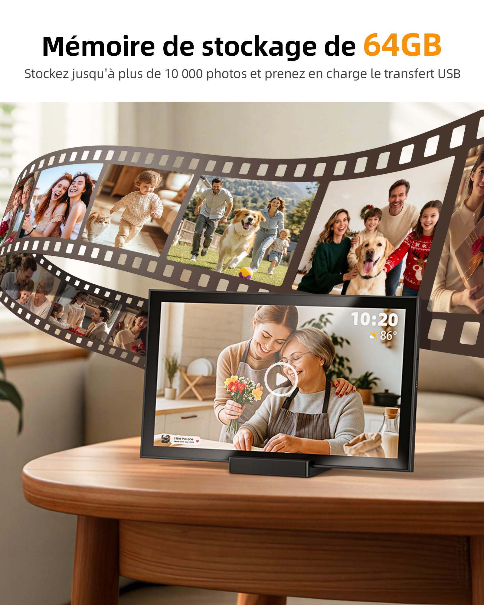 Cadre Photo Numérique 10,1" Wi-FI avec Mémoire de 64 Go, Cadre Photo électronique avec écran Tactile IPS 1280 x 800, Photos/vidéos Via l'application Frameo