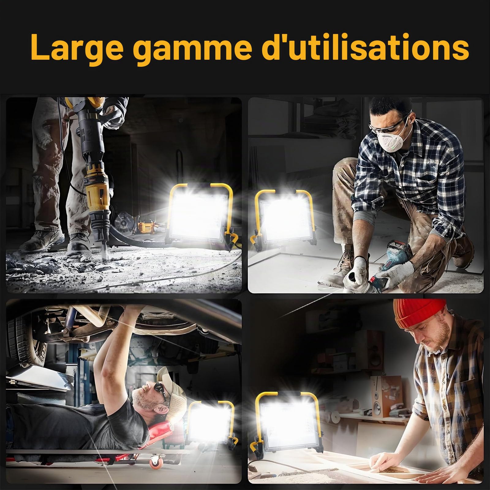 100W Projecteur LED Chantier avec 2M Câble, Tkdaksy Lampe Chantier avec Prise, Projecteur Chantier Led Lampe 10000LM, IP66 Étanchéité, 6500K,Support Pliable Portable, pour Ateliers, Chantiers, Garages