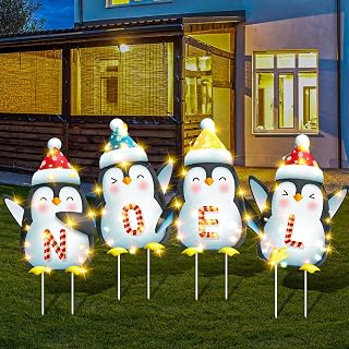 Suzile 4 Pcs Lighted Outdoor Christmas Decorations Christmas Yard Signs Stakes Penguin Noel Christmas Yard Decorations Xmas Decorations with 3 String Lights for Home Lawn Pathway Walkway Party Decor
