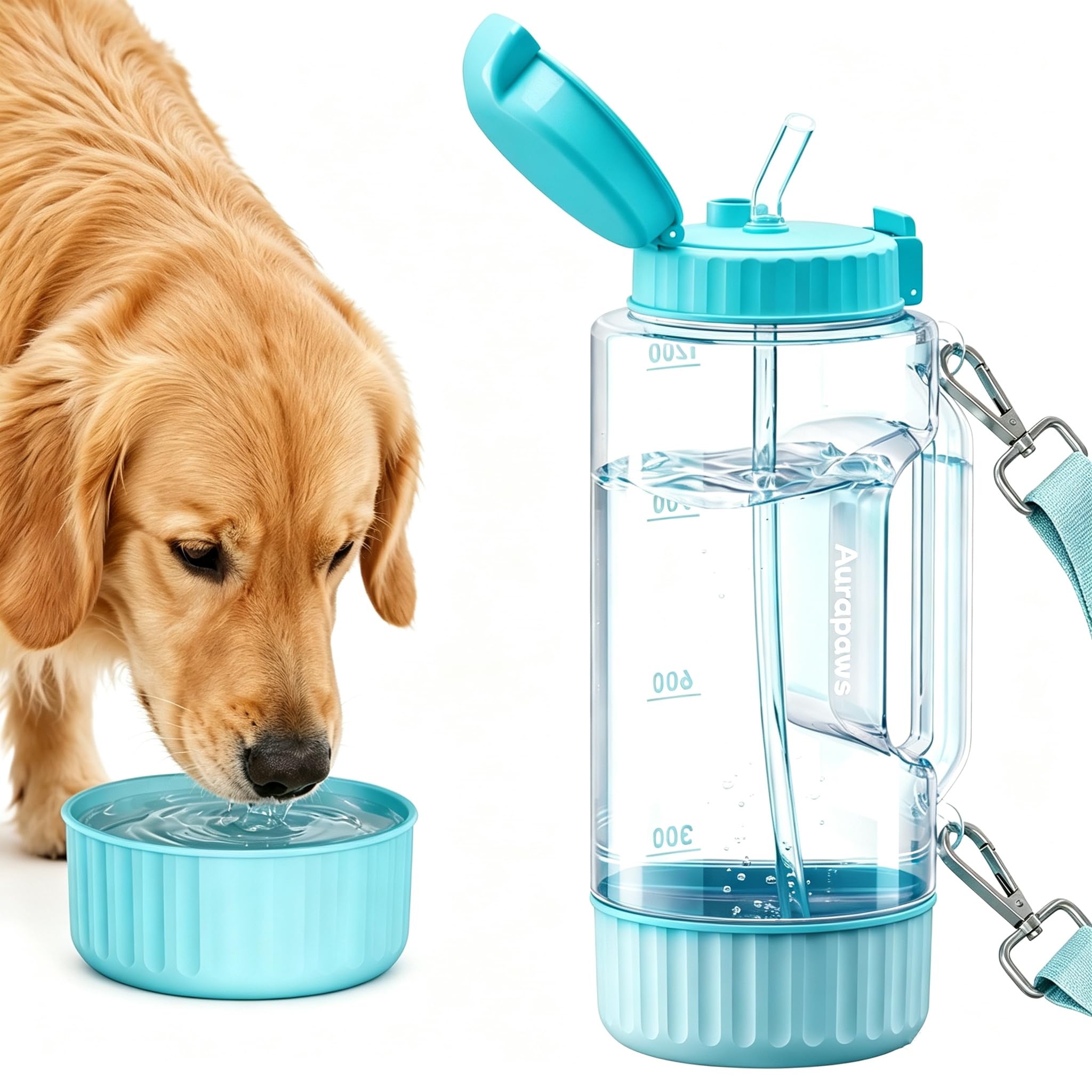 Borraccia per cani e umani, di grande capacità, da 1184 ml, senza BPA, portatile, da viaggio, con ciotola rimovibile e cannuccia, dispenser d'acqua a tenuta stagna, per passeggiate all'aperto