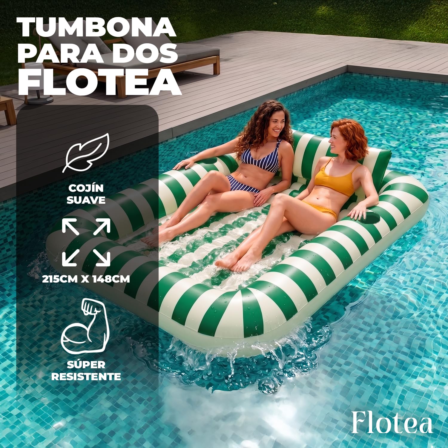 Flotea® Colchoneta Hinchable XXL para Adultos 2 Personas | Colchoneta Flotante con Cojines y Portavasos Integrados | PVC 215 x 148 cm | Piscina, Playa, Mar, Vacaciones | Original Corner