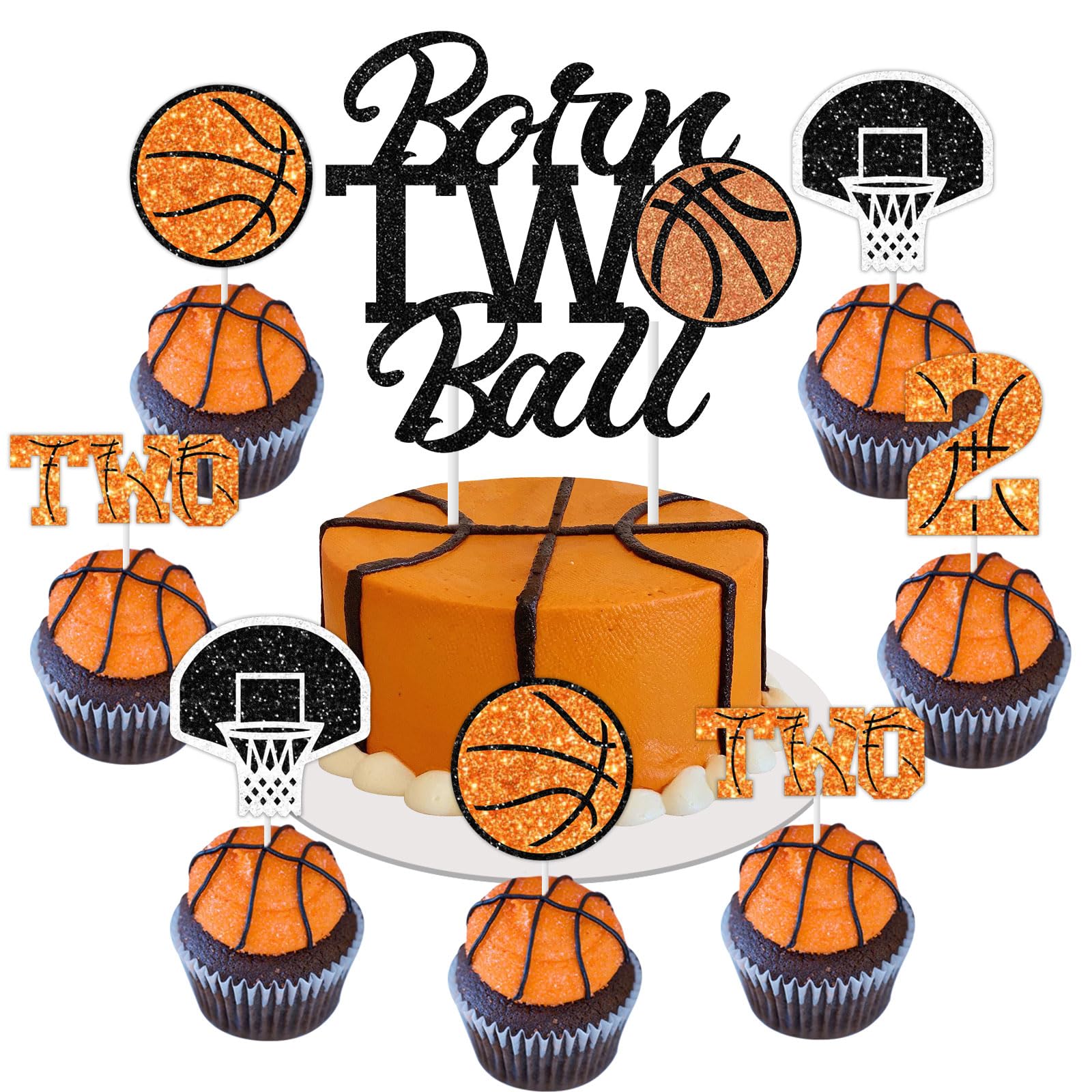 Sursurprise Basketball Birthday Party Decorations, 25Pcs Born 2 Ball Cake Topper, Basketball Cupcake Toppers, Sports Party Supplies for Boys 2nd Birthday