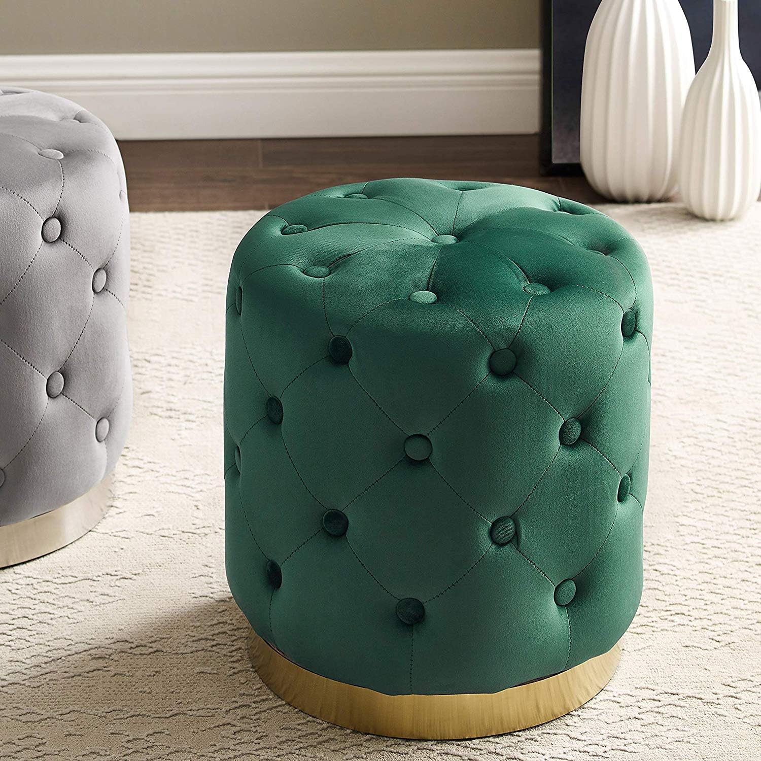 Art Leon Vanity Stool, Modern Velvet Tufted Button Upholstered Small Round Ottoman Foot Rest Stool with Gold Plated Base Makeup Stool for Bedroom/Bathroom/Living Room/Office (Dark Green)