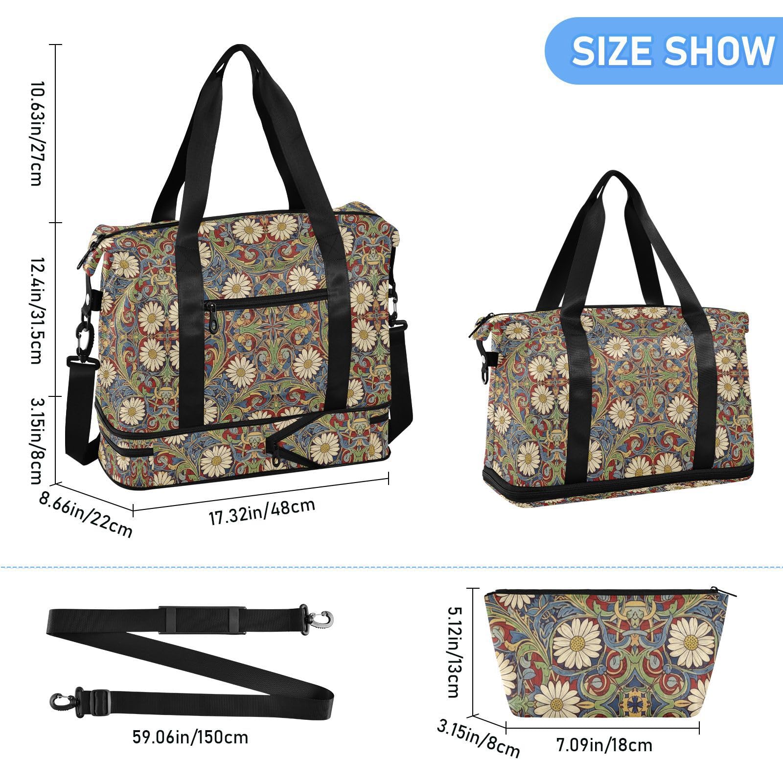 Daisy Red Blue William Morris wzór torba sportowa z mokrą kieszenią regulowany pasek sportowa siłownia torba na ramię na siłownię składana dla mężczyzn kobiet