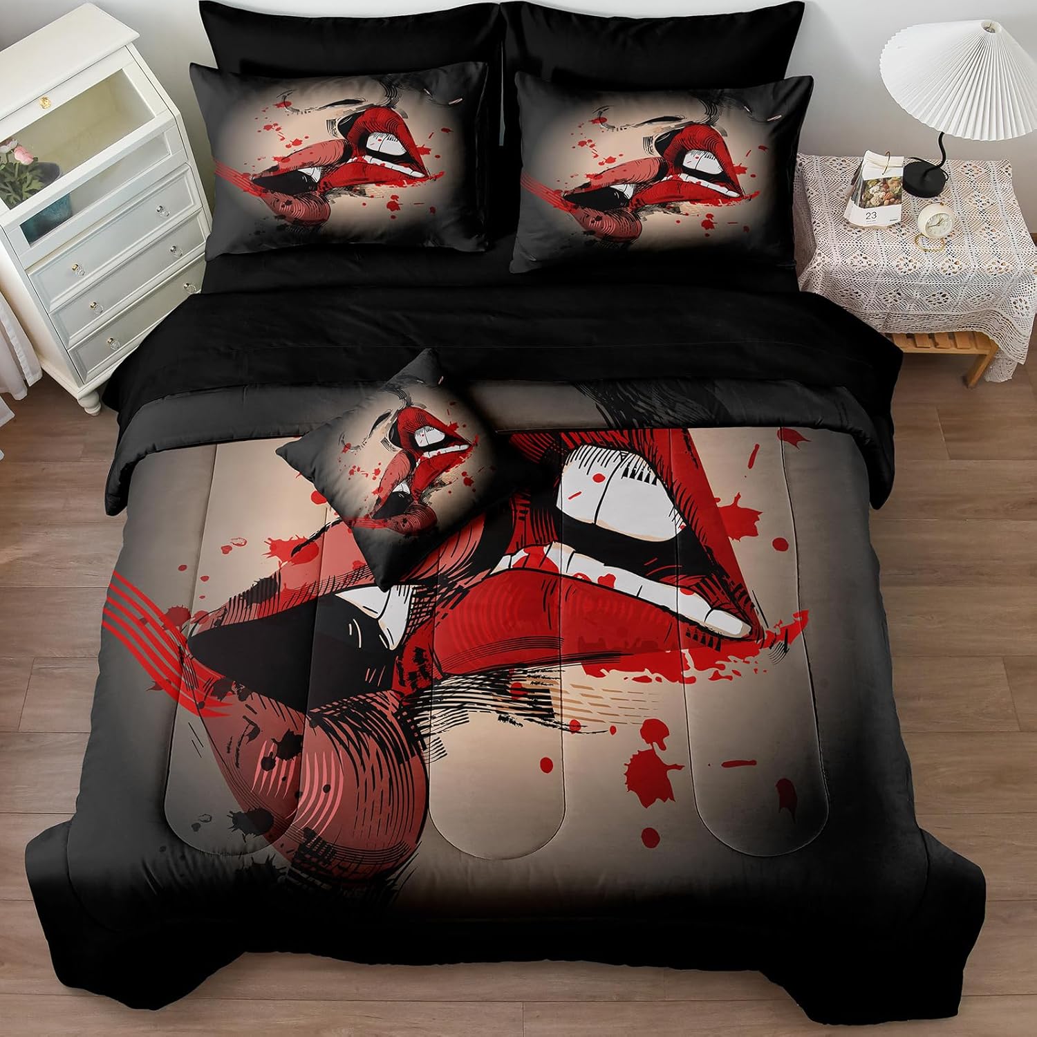 Merryword Red Lipstick Comforter Set King Size 8 Pcs Bed in a Bag Kiss Comforter Set Sexy Feminine Lips Pattern Bedding Set for Couple Lover King Black